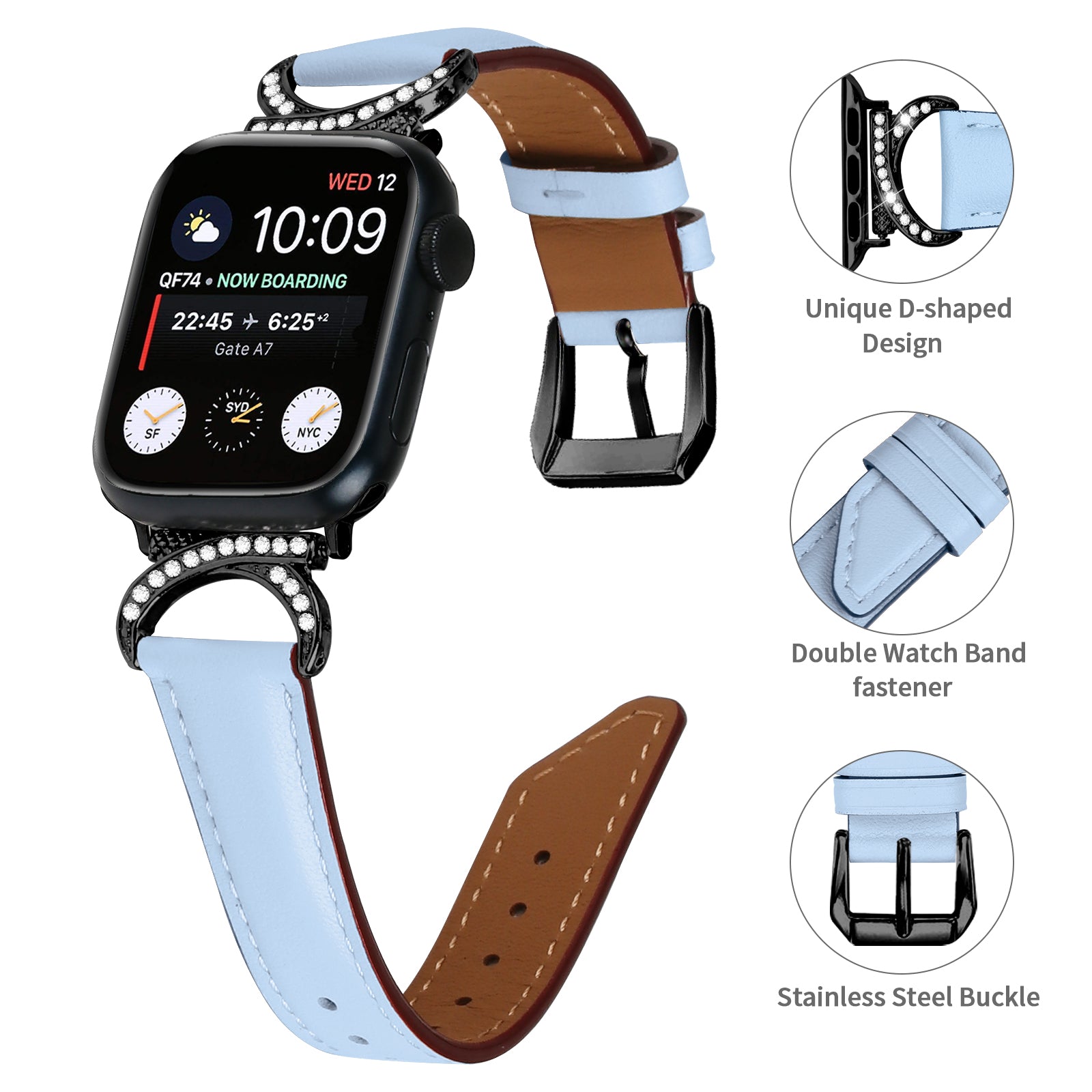 Genuine Cowhide Leather Band for Apple Watch Series 9 8 7 41mm 6 5 4 SE (2022) SE (2023) SE 40mm 3 2 1 38mm Rhinestone Decor Watch Strap with Black Buckle