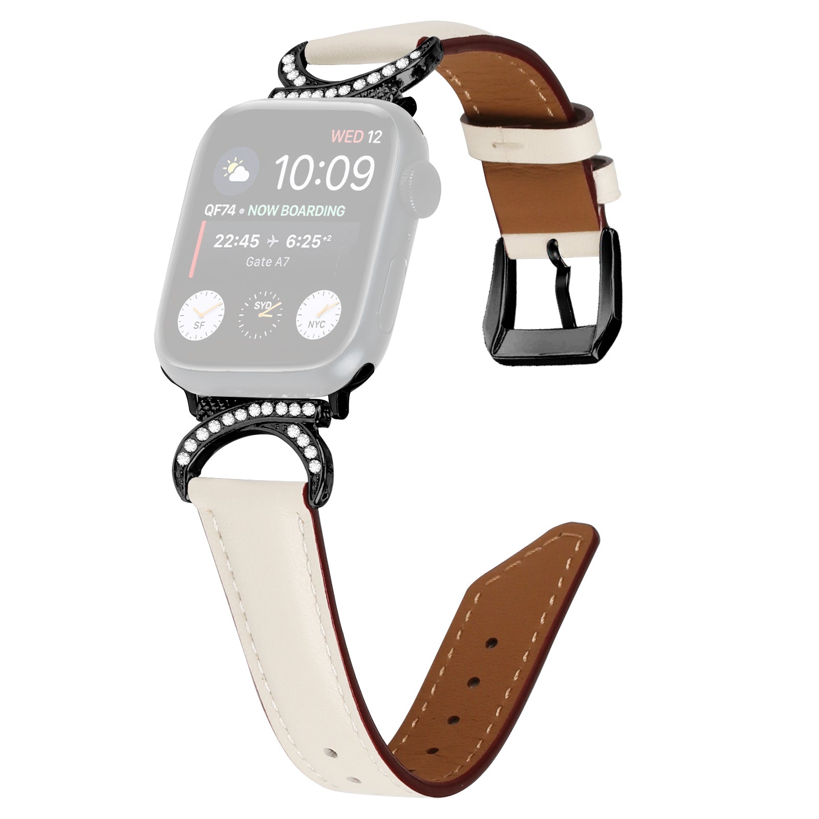 Genuine Cowhide Leather Band for Apple Watch Series 9 8 7 41mm 6 5 4 SE (2022) SE (2023) SE 40mm 3 2 1 38mm Rhinestone Decor Watch Strap with Black Buckle