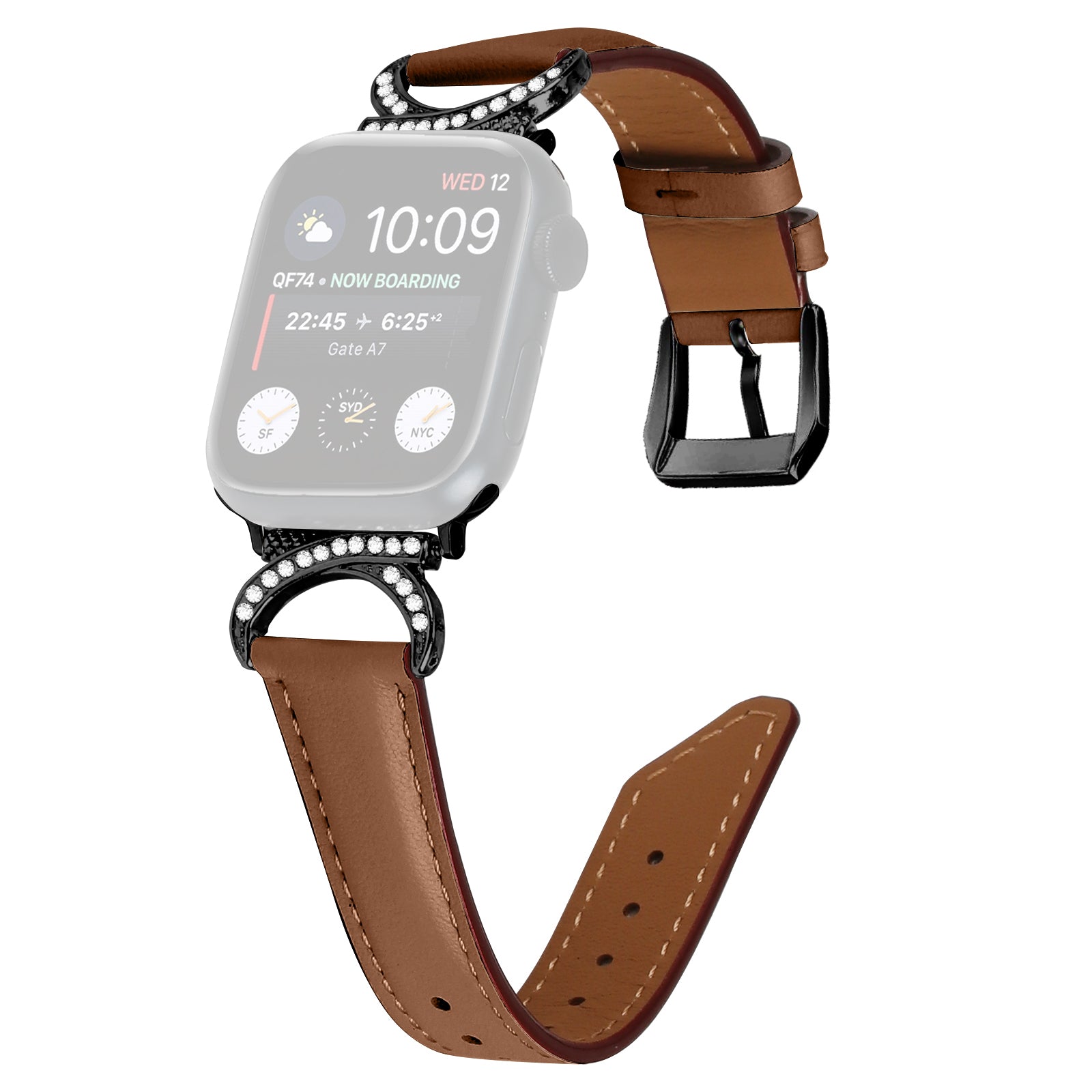 Genuine Cowhide Leather Band for Apple Watch Series 9 8 7 41mm 6 5 4 SE (2022) SE (2023) SE 40mm 3 2 1 38mm Rhinestone Decor Watch Strap with Black Buckle
