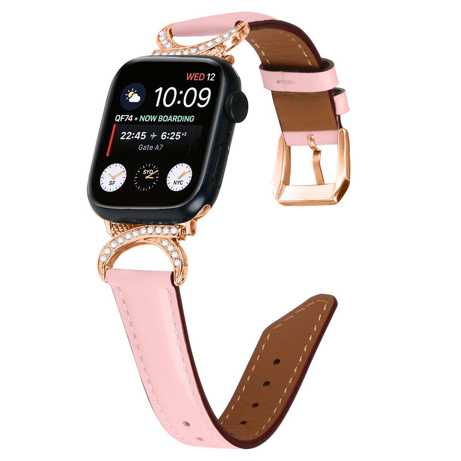 Rhinestone Watch Band for Apple Watch Series 9 8 7 41mm 6 5 4 SE (2022) SE (2023) SE 40mm 3 2 1 38mm Genuine Cowhide Leather Strap with Rose Gold Buckle