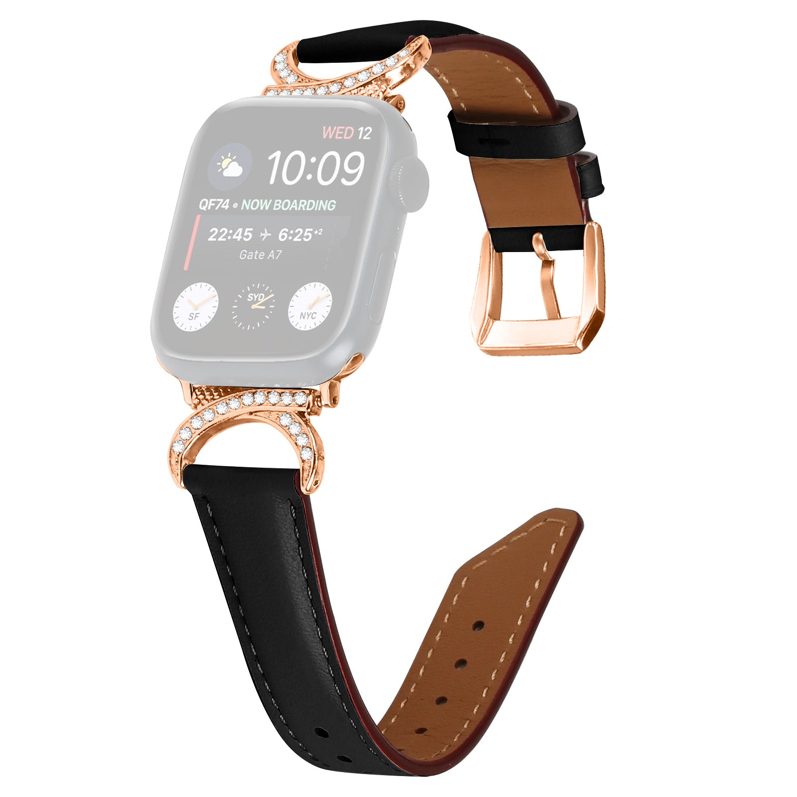 Rhinestone Watch Band for Apple Watch Series 9 8 7 41mm 6 5 4 SE (2022) SE (2023) SE 40mm 3 2 1 38mm Genuine Cowhide Leather Strap with Rose Gold Buckle