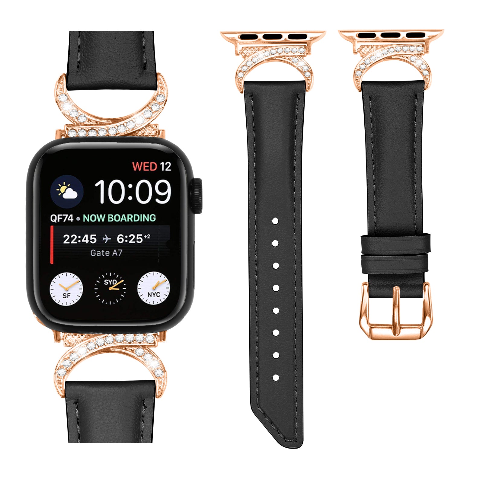 Rhinestone Watch Band for Apple Watch Series 9 8 7 41mm 6 5 4 SE (2022) SE (2023) SE 40mm 3 2 1 38mm Genuine Cowhide Leather Strap with Rose Gold Buckle