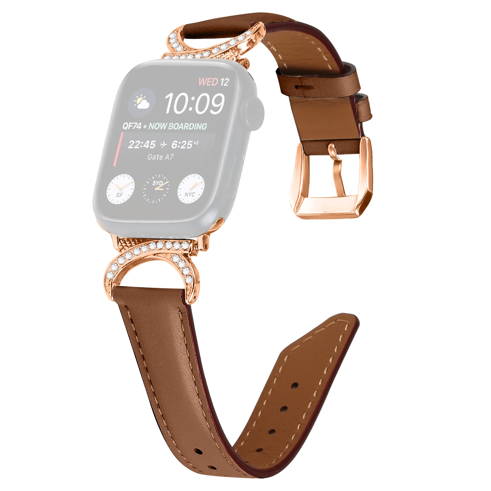 Rhinestone Watch Band for Apple Watch Series 9 8 7 41mm 6 5 4 SE (2022) SE (2023) SE 40mm 3 2 1 38mm Genuine Cowhide Leather Strap with Rose Gold Buckle