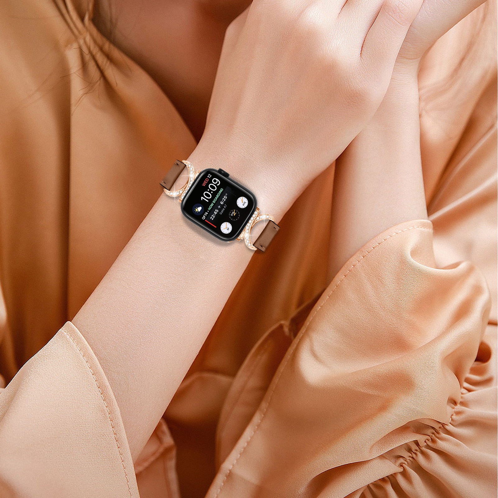 Rhinestone Watch Band for Apple Watch Series 9 8 7 41mm 6 5 4 SE (2022) SE (2023) SE 40mm 3 2 1 38mm Genuine Cowhide Leather Strap with Rose Gold Buckle