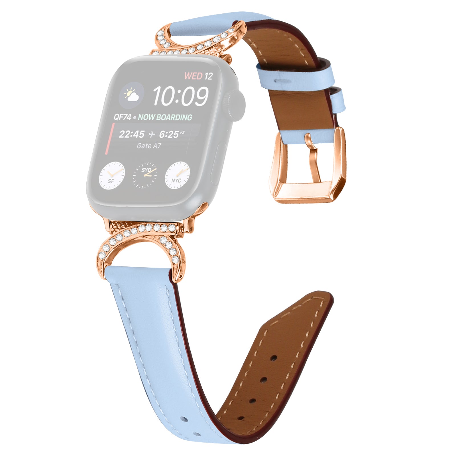 Watch Band for Apple Watch Ultra Ultra 2 49mm Series 8 7 9 45mm Series 6 5 4 SE (2022) SE 44mm Series 3 2 1 42mm Rhinestone Decor Genuine Cowhide Leather Strap with Rose Gold Buckle