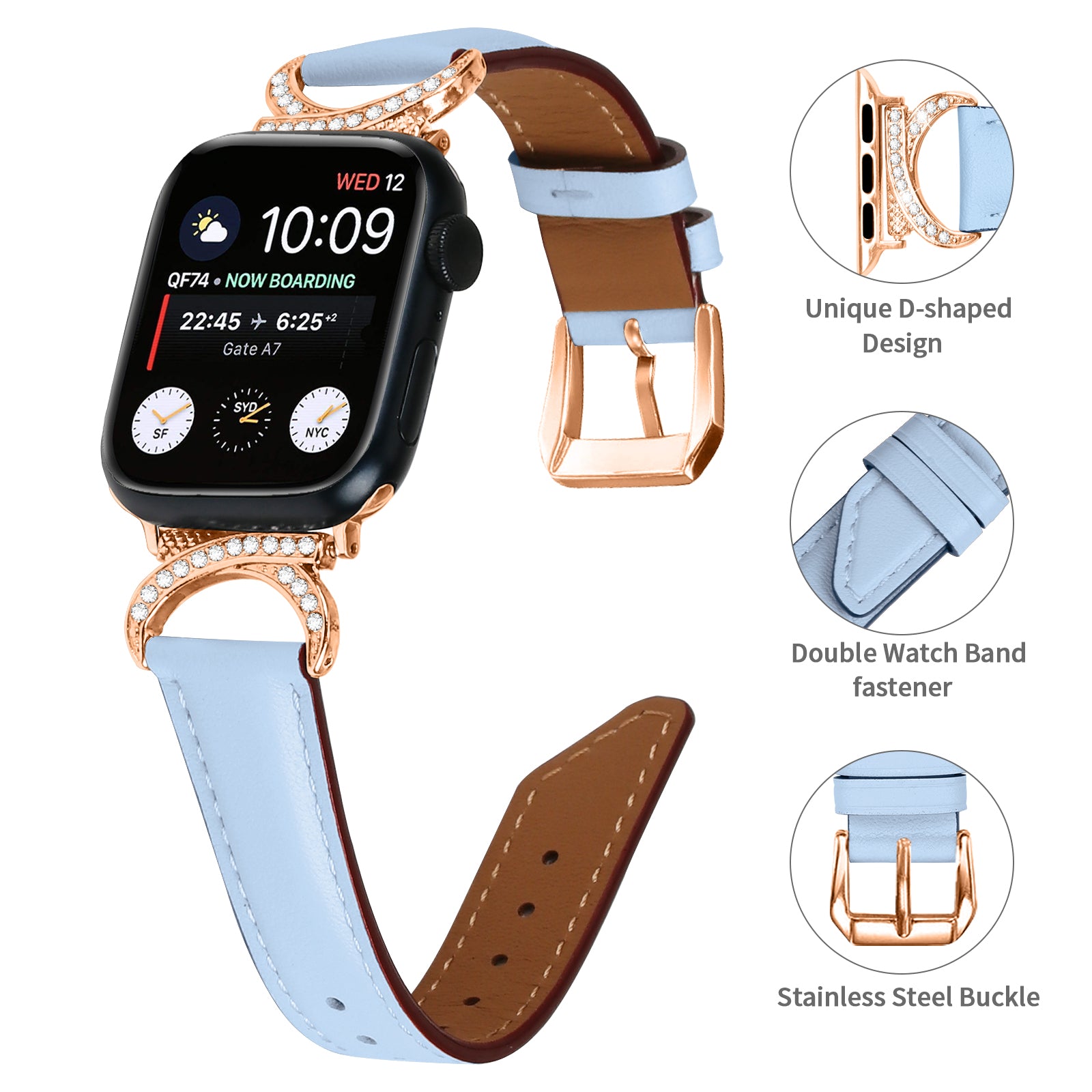 Watch Band for Apple Watch Ultra Ultra 2 49mm Series 8 7 9 45mm Series 6 5 4 SE (2022) SE 44mm Series 3 2 1 42mm Rhinestone Decor Genuine Cowhide Leather Strap with Rose Gold Buckle