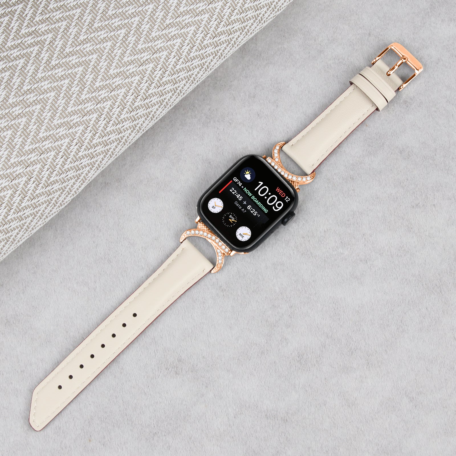 Watch Band for Apple Watch Ultra Ultra 2 49mm Series 8 7 9 45mm Series 6 5 4 SE (2022) SE 44mm Series 3 2 1 42mm Rhinestone Decor Genuine Cowhide Leather Strap with Rose Gold Buckle