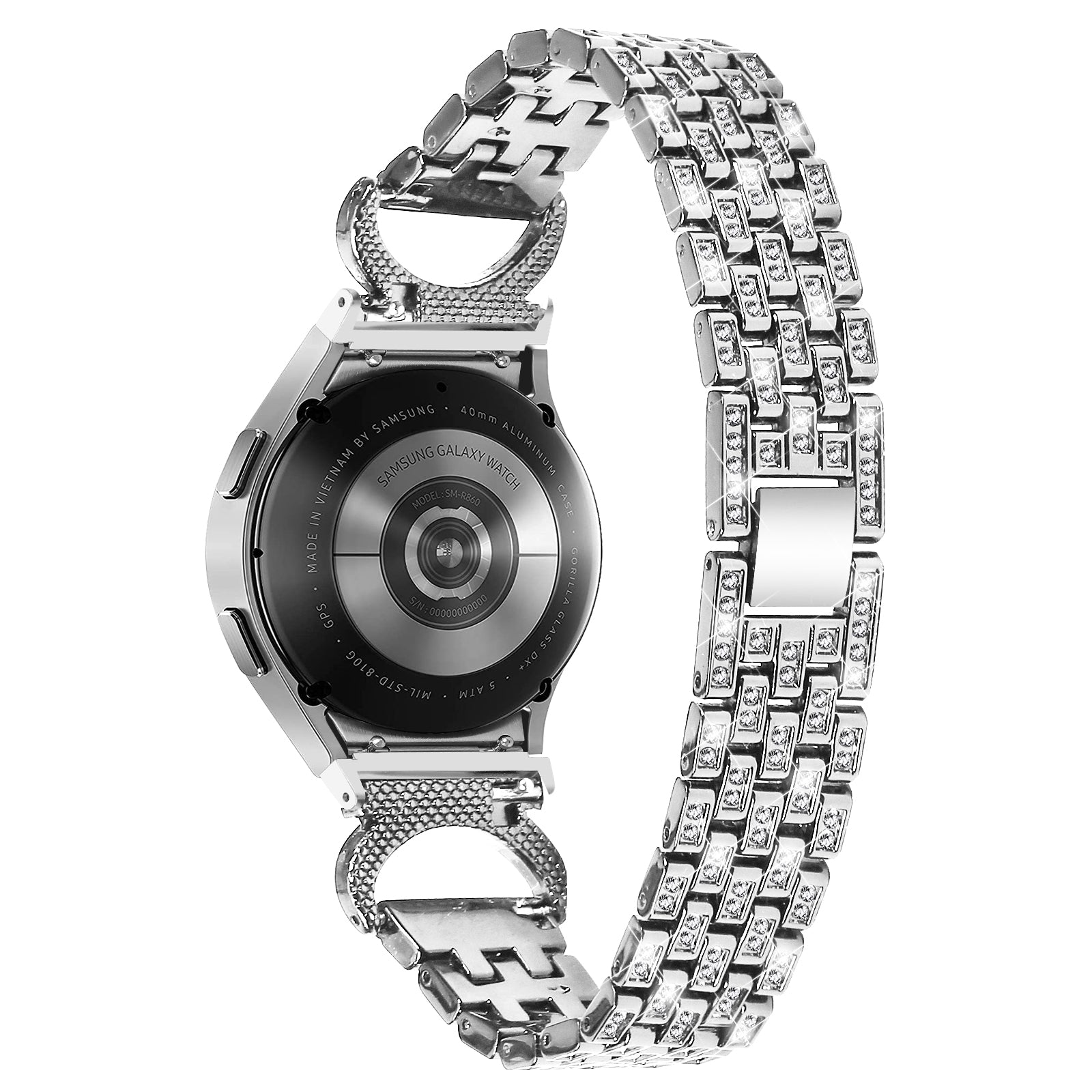 Stainless Steel Watch Band for Samsung Galaxy Watch6 40mm 44mm Watch6 Classic 43mm 47mm Watch 5 40mm 44mm Watch4 40mm 44mm 5-Bead Rhinestone Decor Replacement Bracelet with Connector