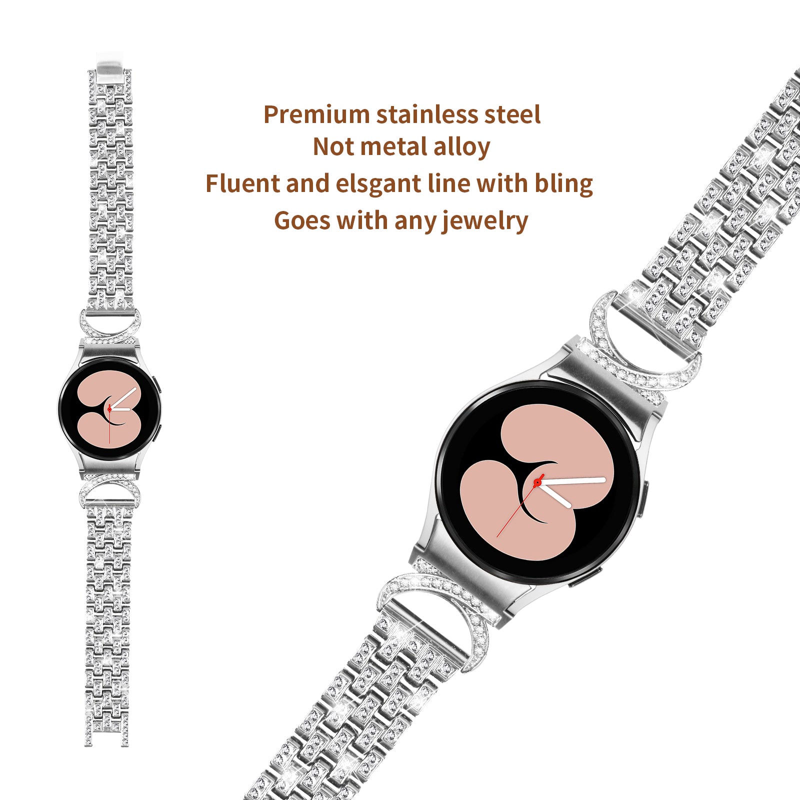 Stainless Steel Watch Band for Samsung Galaxy Watch6 40mm 44mm Watch6 Classic 43mm 47mm Watch 5 40mm 44mm Watch4 40mm 44mm 5-Bead Rhinestone Decor Replacement Bracelet with Connector