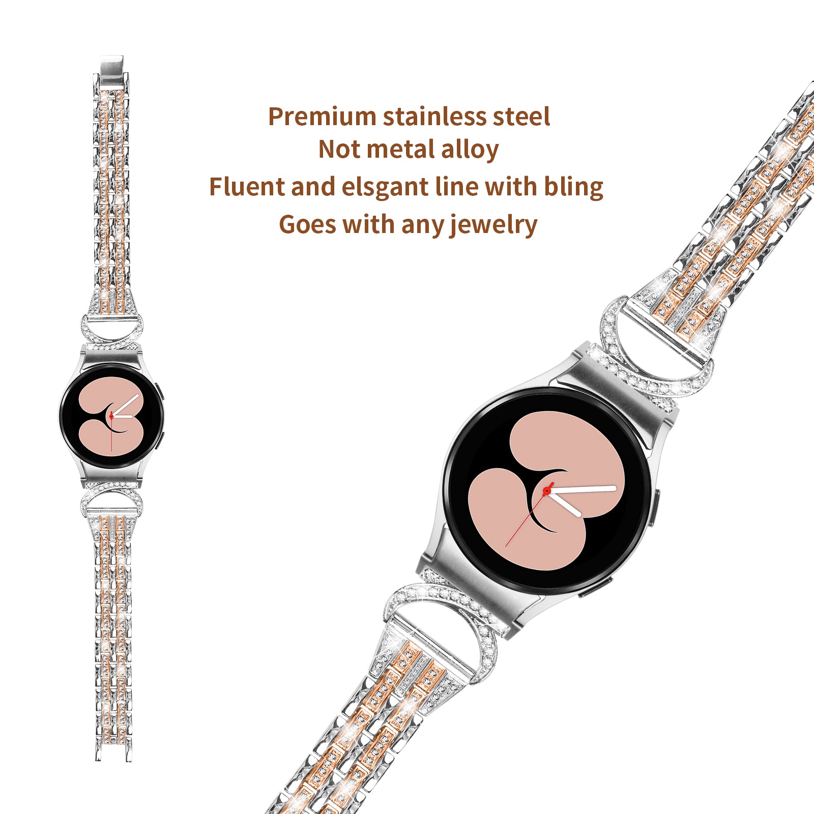 Bling Band for Samsung Galaxy Watch6 40mm 44mm Watch6 Classic 43mm 47mm Watch 5 40mm 44mm Watch4 40mm 44mm Rhinestone Decor Stainless Steel 5-Bead Watch Strap with Connector