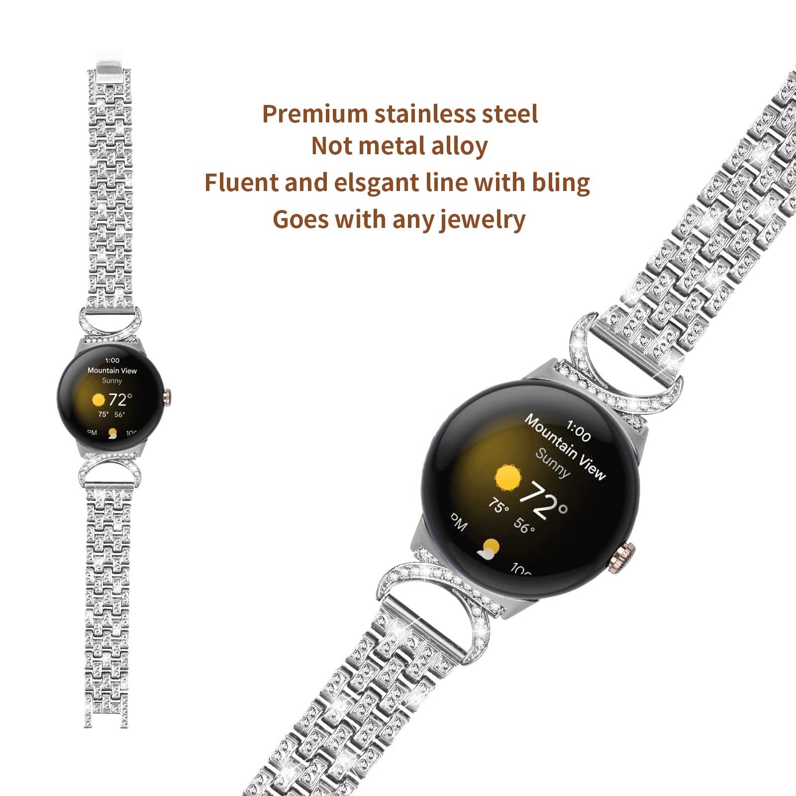 For Google Pixel Watch 2 Pixel Watch Rhinestone Decor Metal Wristband Strap 5-Bead Stainless Steel Watch Band