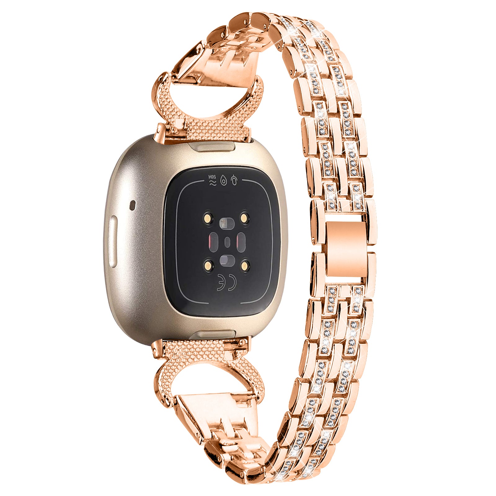 For Fitbit Versa 3 Sense Stainless Steel Metal Wristband Rhinestone Decor 5-Bead Watch Strap