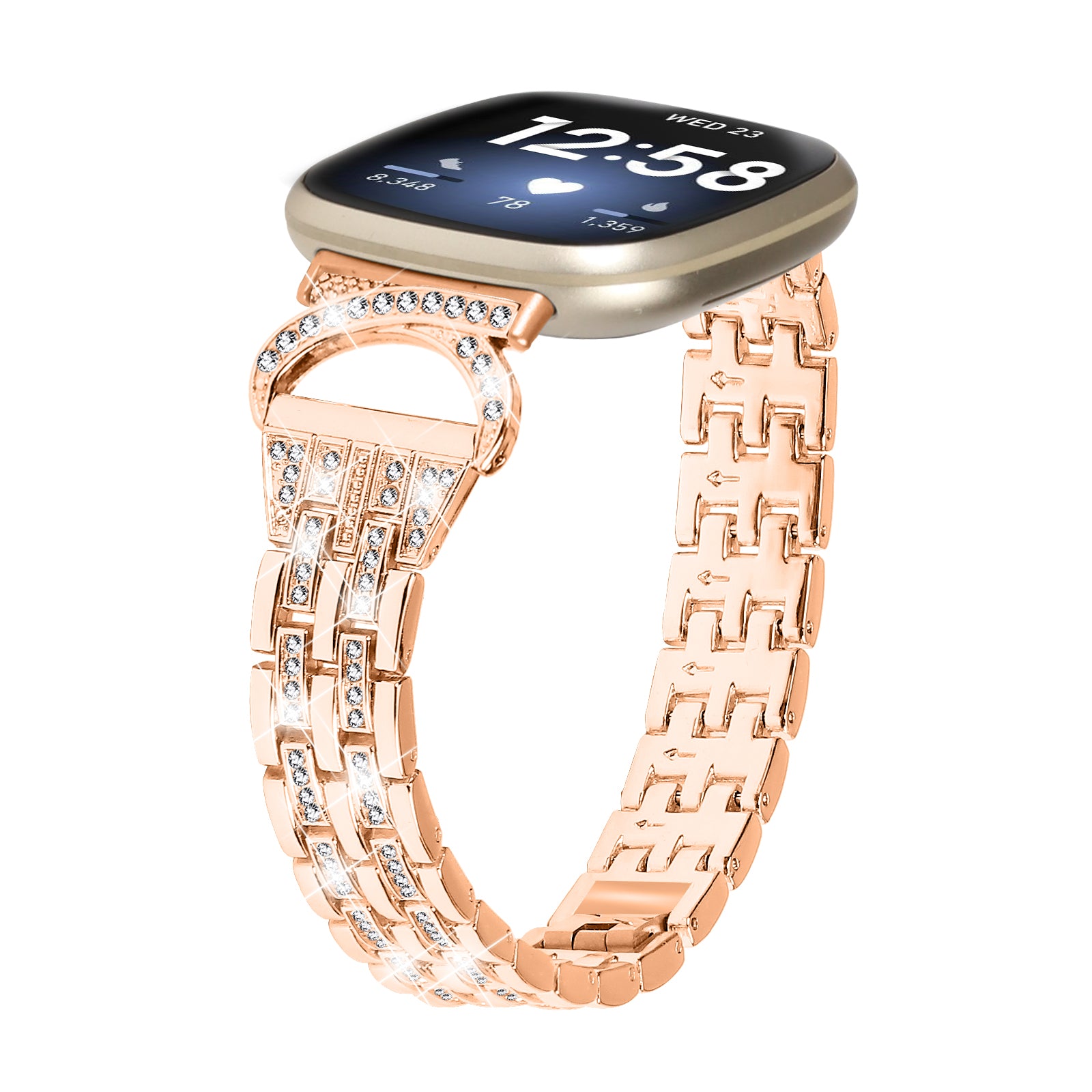 For Fitbit Versa 3 Sense Stainless Steel Metal Wristband Rhinestone Decor 5-Bead Watch Strap