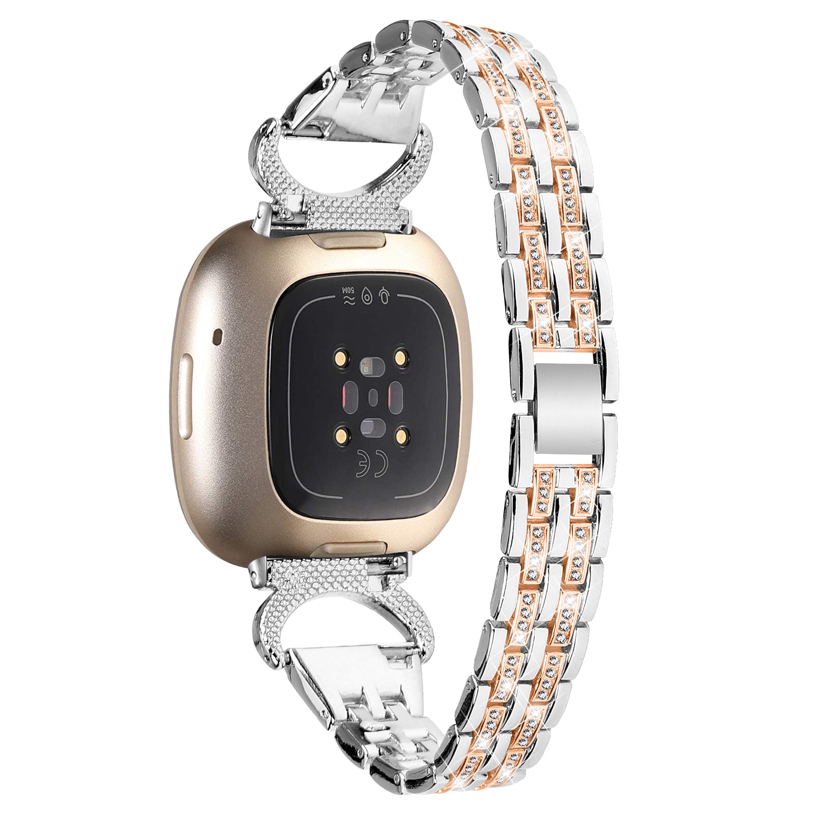 For Fitbit Versa 3 Sense Stainless Steel Metal Wristband Rhinestone Decor 5-Bead Watch Strap
