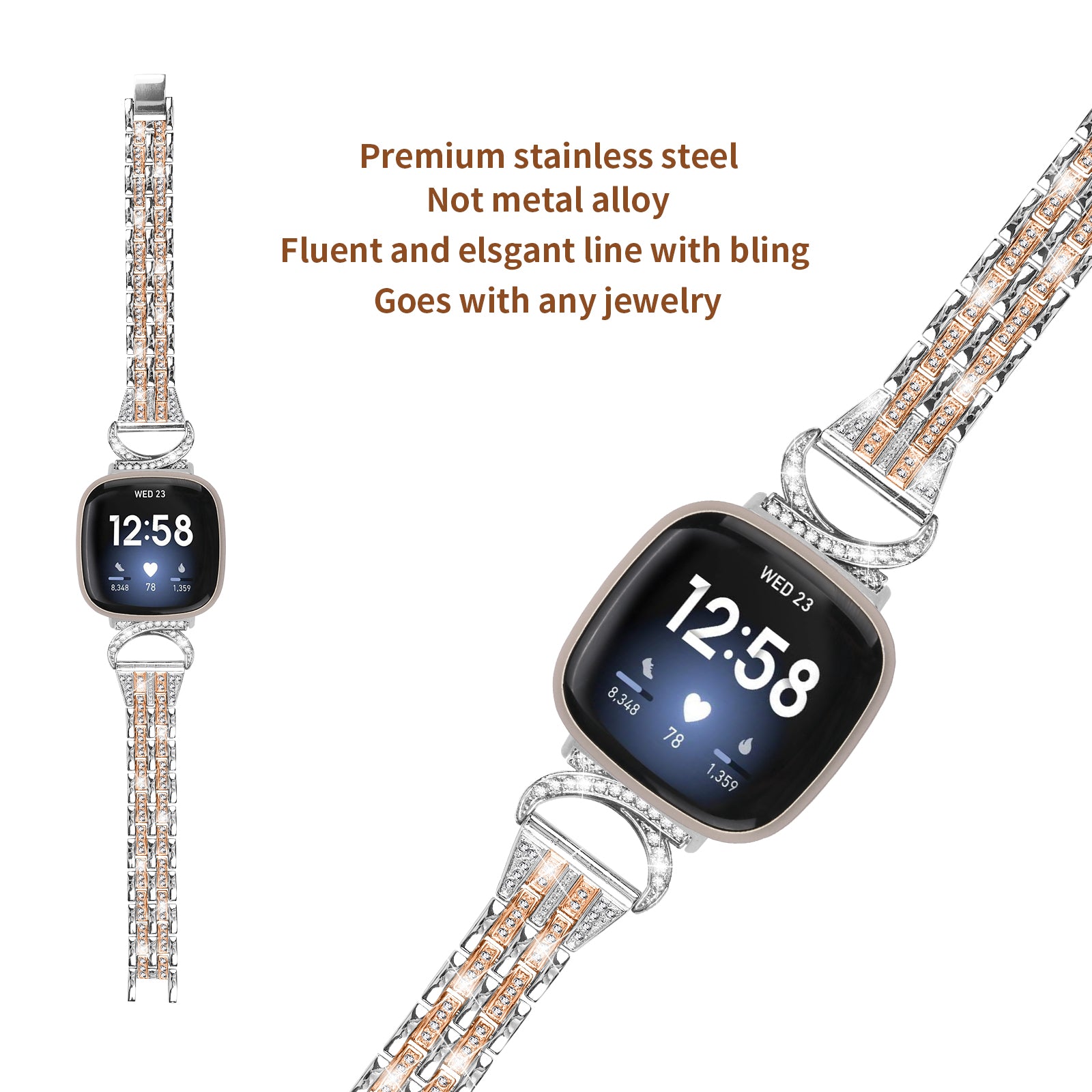 For Fitbit Versa 3 Sense Stainless Steel Metal Wristband Rhinestone Decor 5-Bead Watch Strap