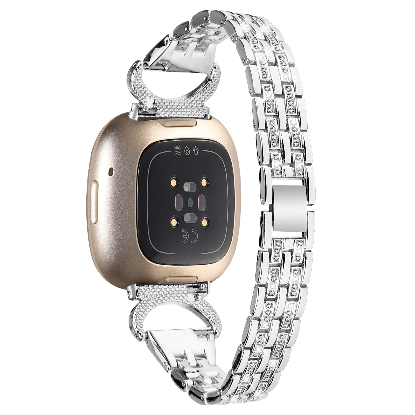For Fitbit Versa 3 Sense Stainless Steel Metal Wristband Rhinestone Decor 5-Bead Watch Strap
