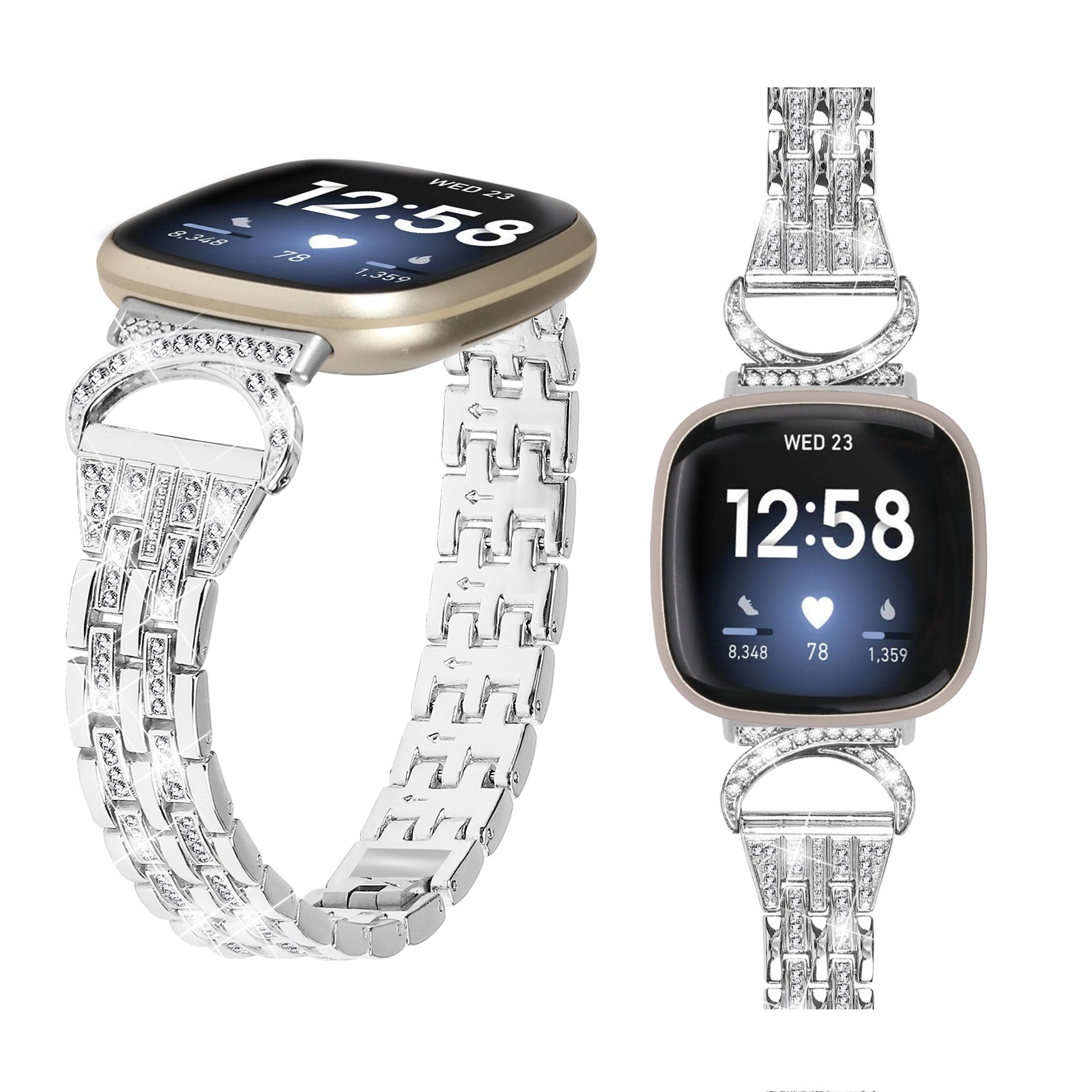 For Fitbit Versa 3 Sense Stainless Steel Metal Wristband Rhinestone Decor 5-Bead Watch Strap