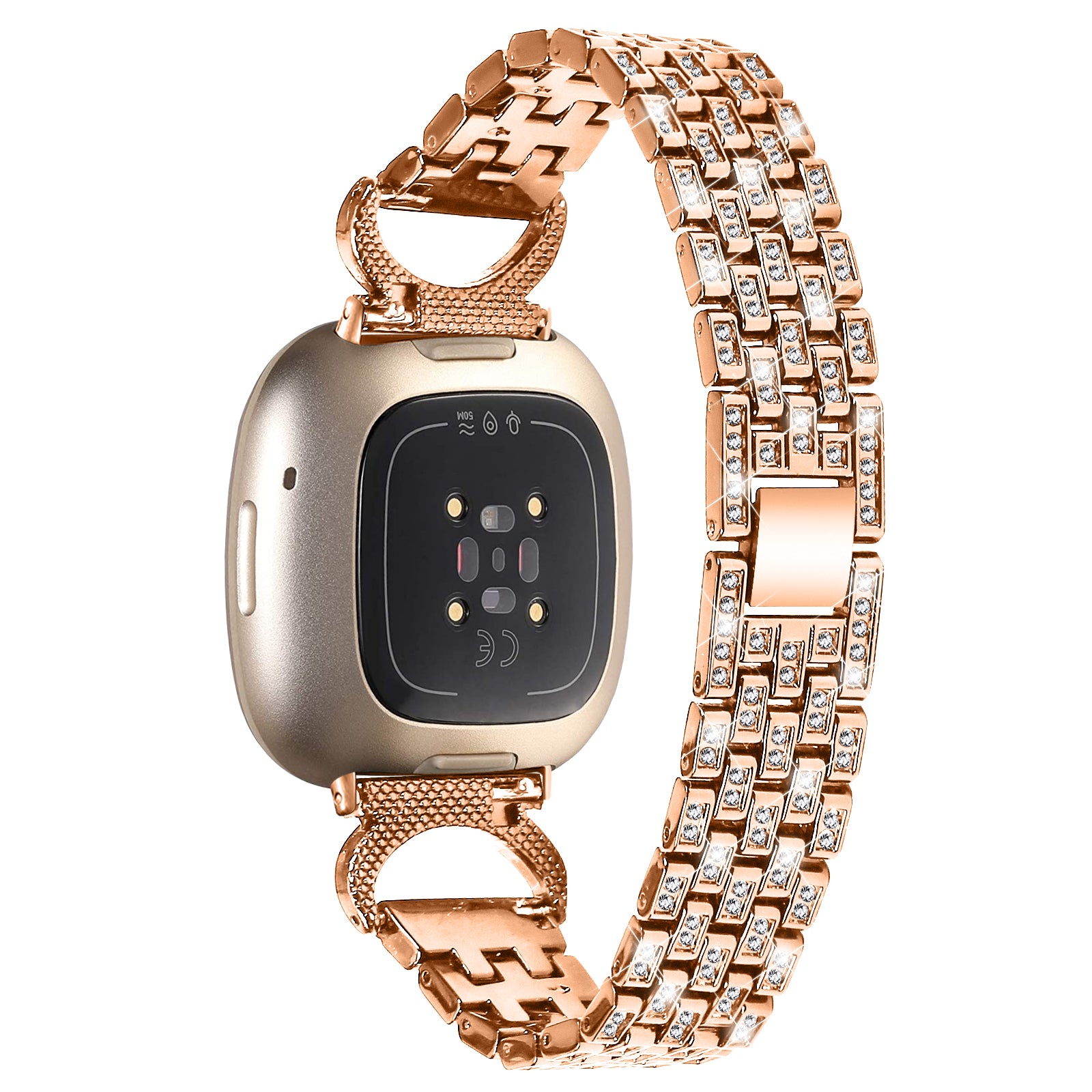 For Fitbit Versa 3 Sense Stainless Steel Watch Band 5-Bead Rhinestone Decor Metal Bracelet