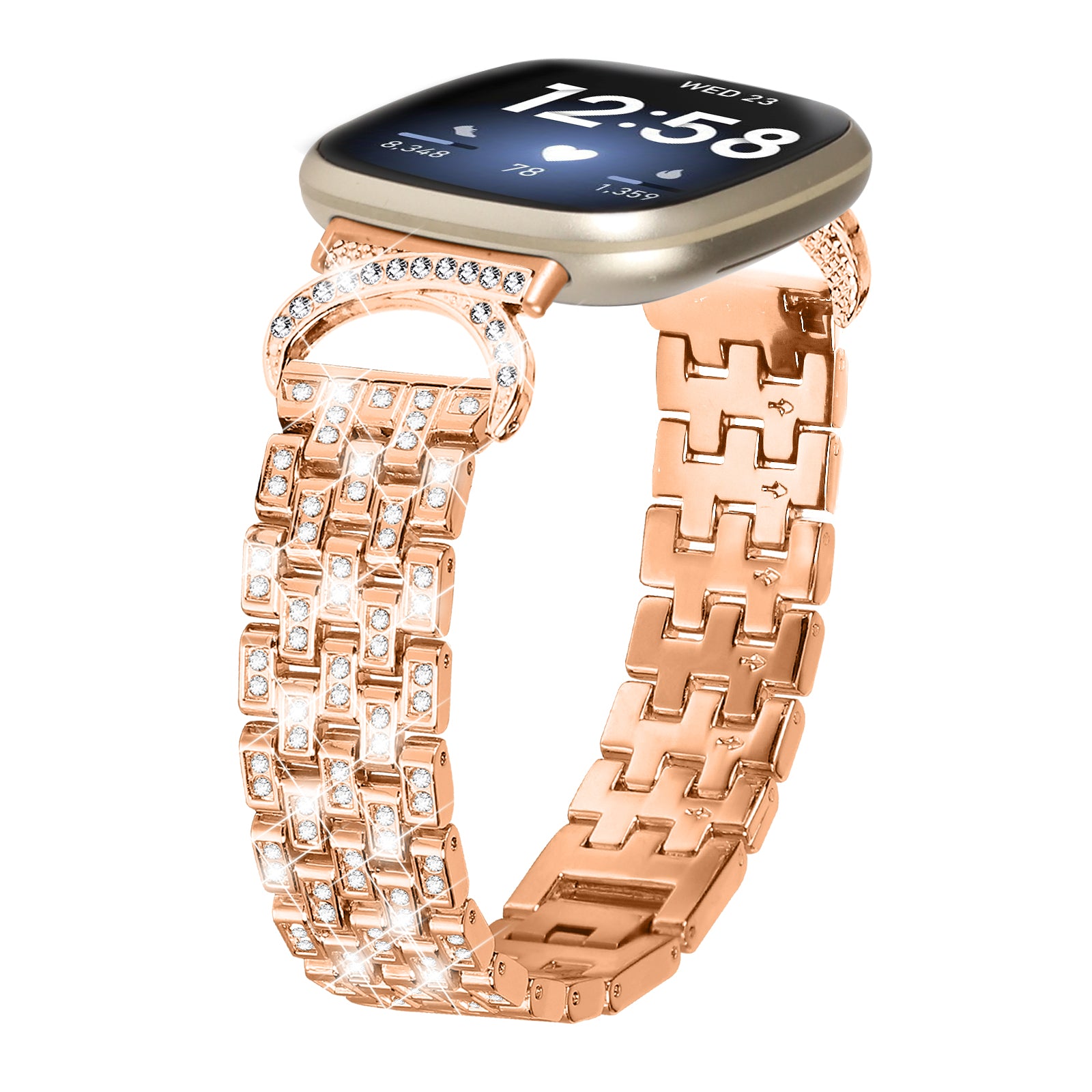 For Fitbit Versa 3 Sense Stainless Steel Watch Band 5-Bead Rhinestone Decor Metal Bracelet