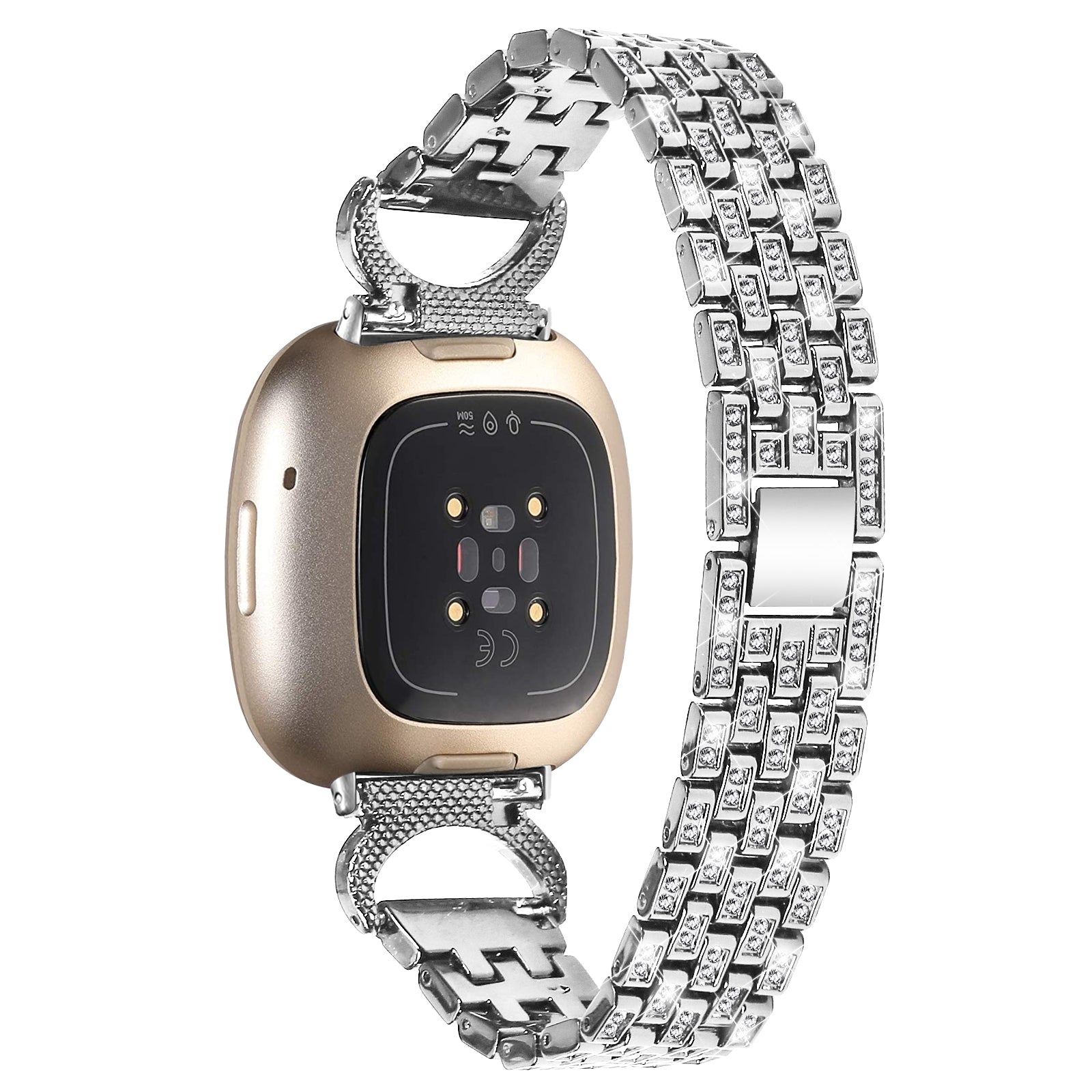 For Fitbit Versa 3 Sense Stainless Steel Watch Band 5-Bead Rhinestone Decor Metal Bracelet