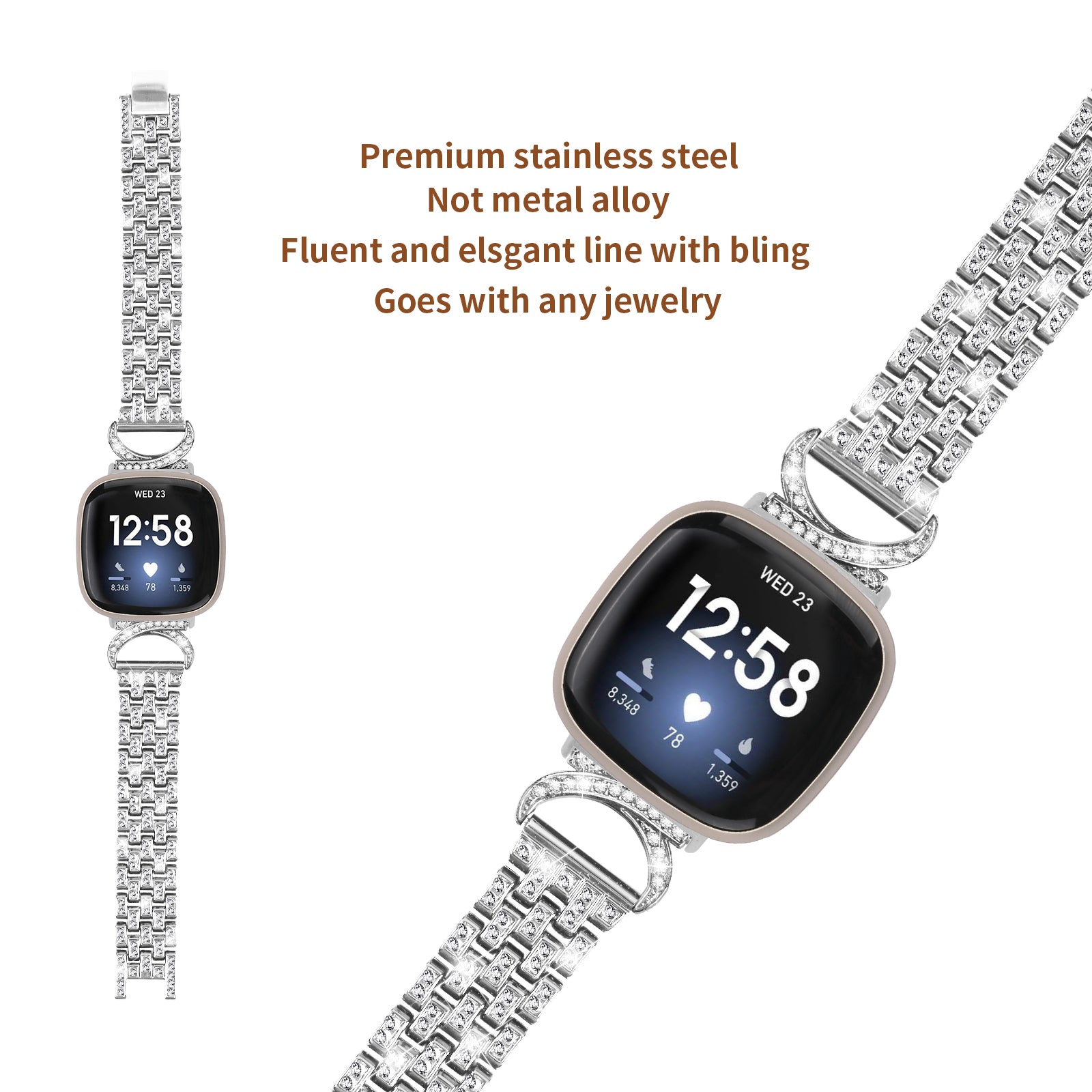 For Fitbit Versa 3 Sense Stainless Steel Watch Band 5-Bead Rhinestone Decor Metal Bracelet