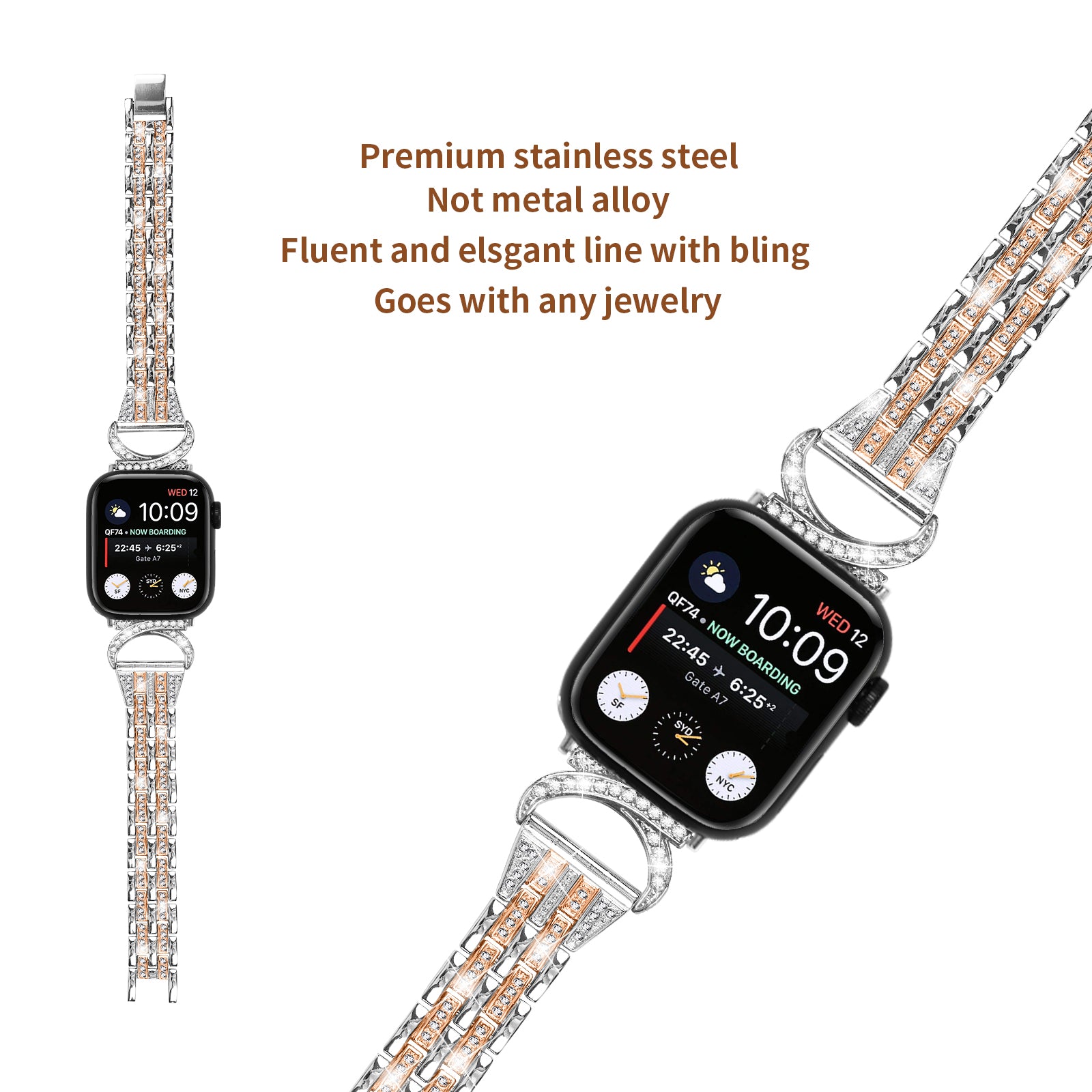 Watch Band for Apple Watch Series 1 2 3 38mm 9 8 7 41mm 6 5 4 SE (2022) SE (2023) SE 40mm Stainless Steel Rhinestone Decor 5-Bead Strap