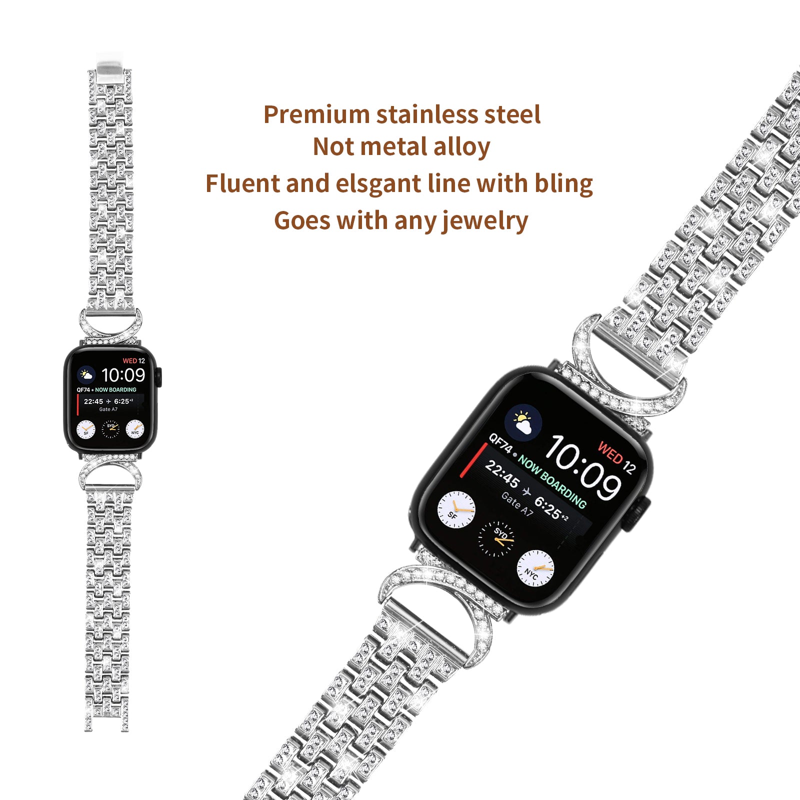 Bling Band for Apple Watch Series 1 2 3 38mm 9 8 7 41mm 6 5 4 SE (2022) SE (2023) SE 40mm Rhinestone Decor Stainless Steel 5-Bead Watch Strap