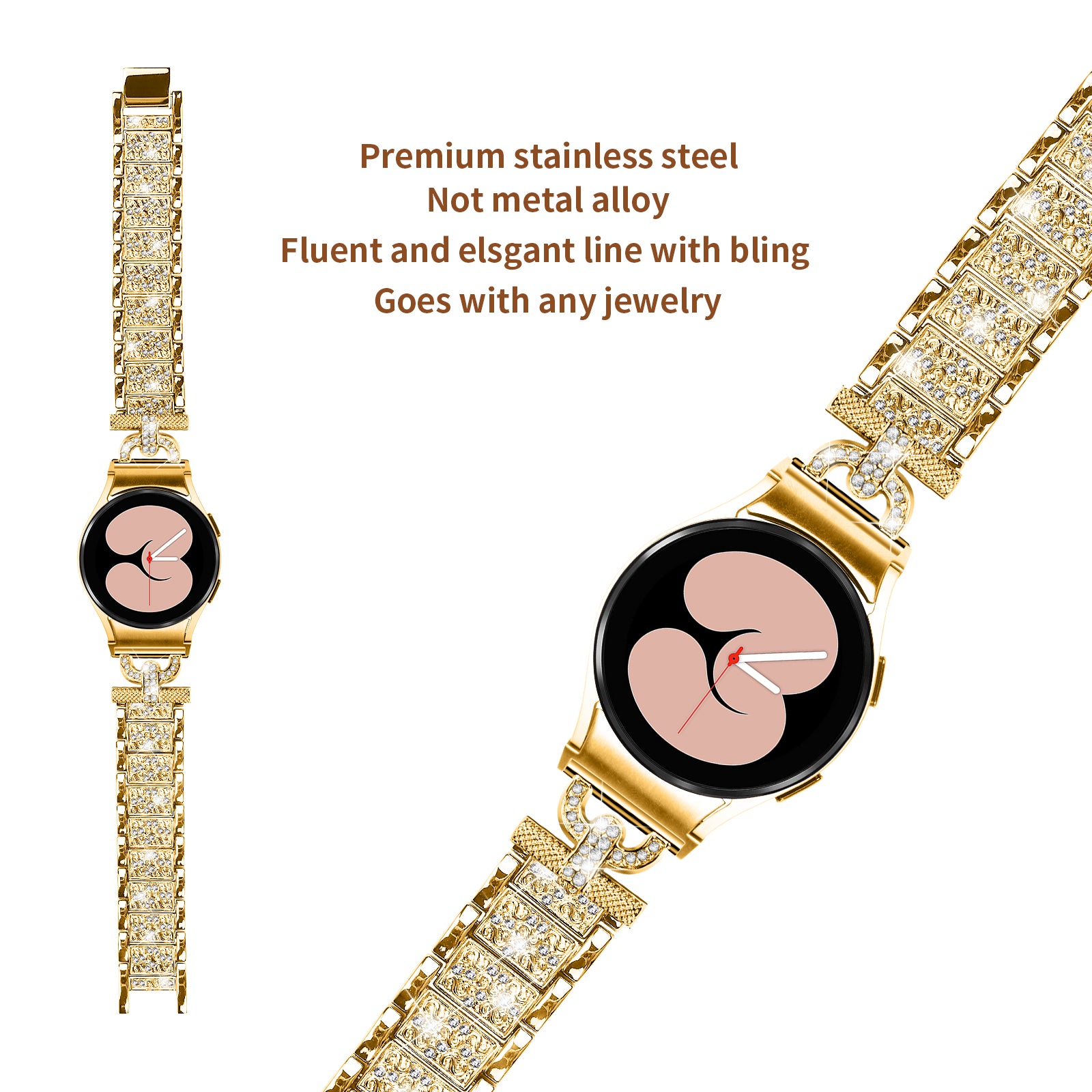 For Samsung Galaxy Watch6 40mm 44mm Watch6 Classic 43mm 47mm Watch 5 40mm 44mm Watch4 40mm 44mm Stainless Steel 3-Bead Rhinestone Watch Strap
