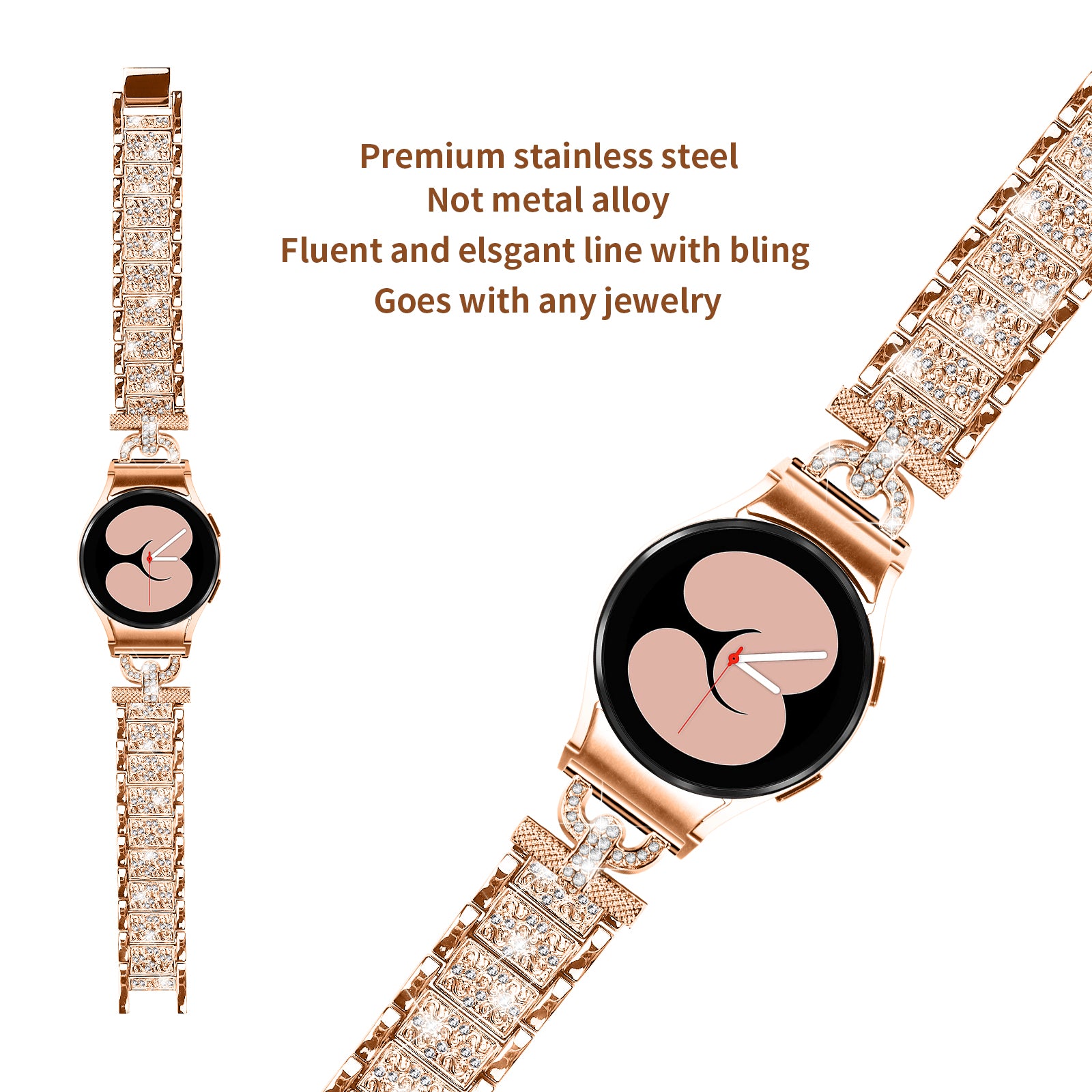 For Samsung Galaxy Watch 6 40mm 44mm Easy Installation Stainless Steel Watch Strap 3-Bead Rhinestone Watch Band