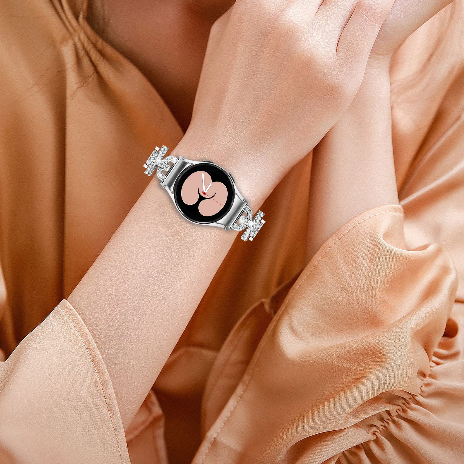 For Samsung Galaxy Watch 6 40mm 44mm Easy Installation Stainless Steel Watch Strap 3-Bead Rhinestone Watch Band