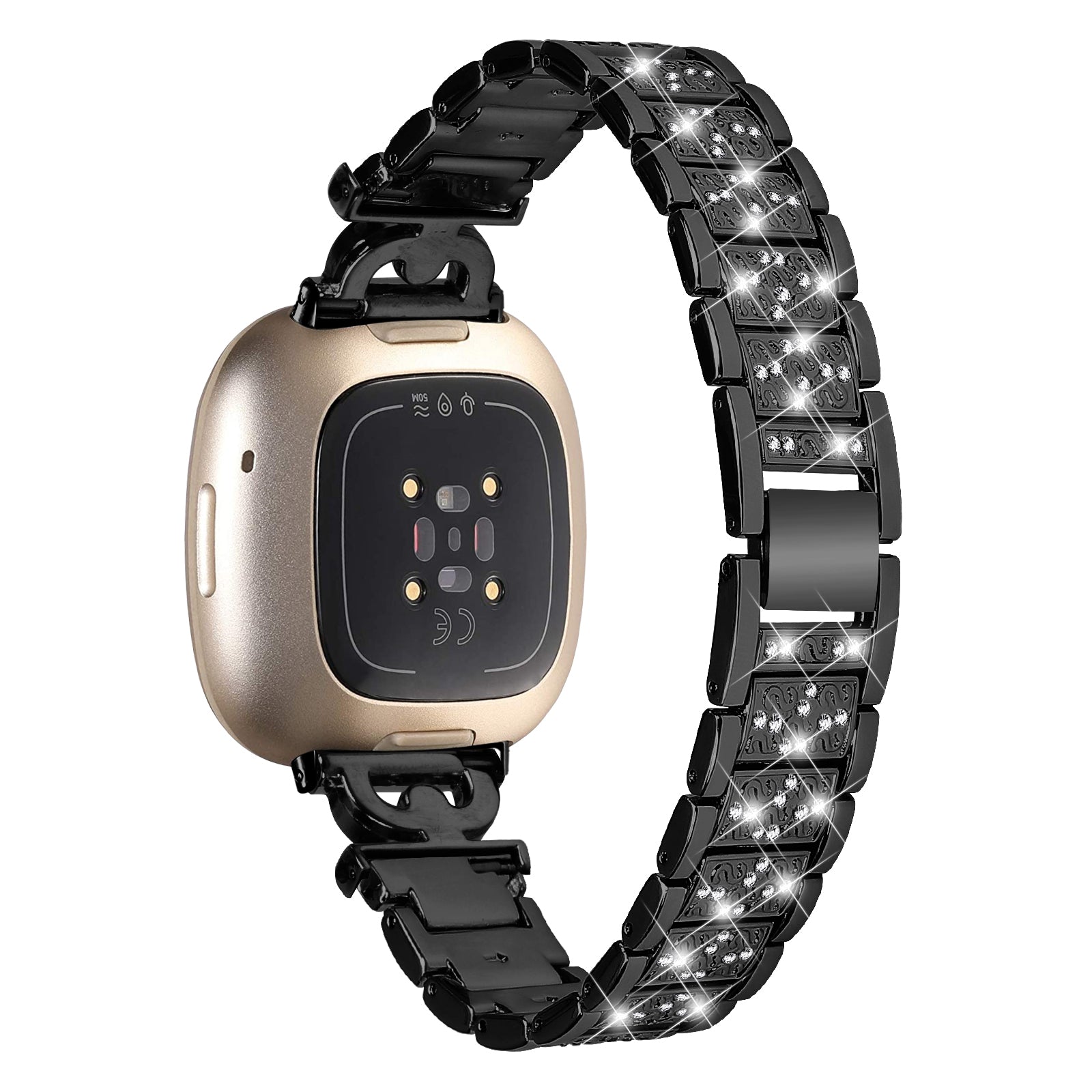 3-Bead Rhinestone Decor Smartwatch Strap for Fitbit Versa 3 Sense Stainless Steel Watch Band Replacement