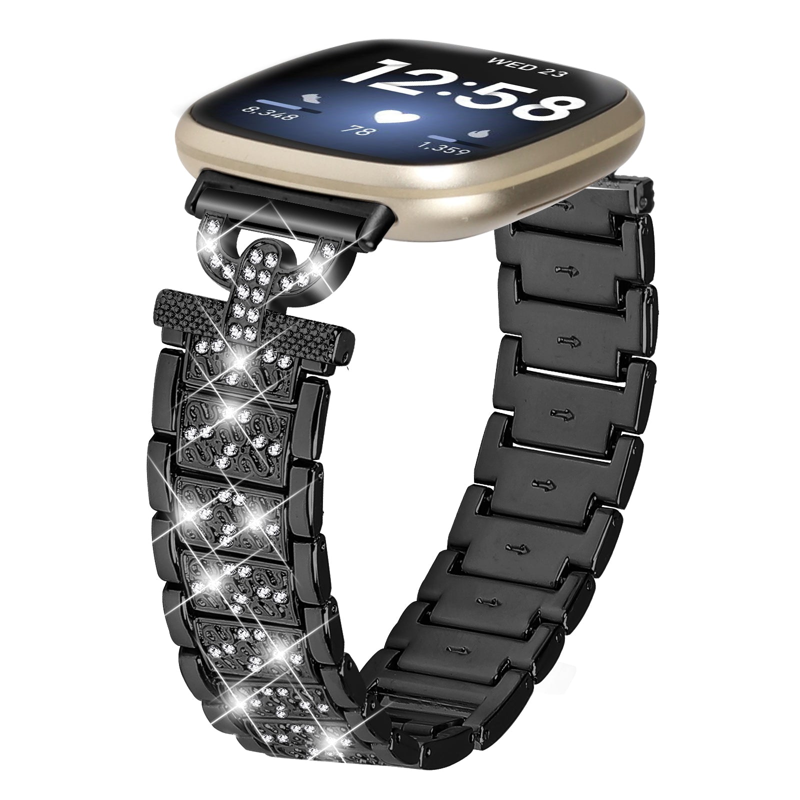 3-Bead Rhinestone Decor Smartwatch Strap for Fitbit Versa 3 Sense Stainless Steel Watch Band Replacement