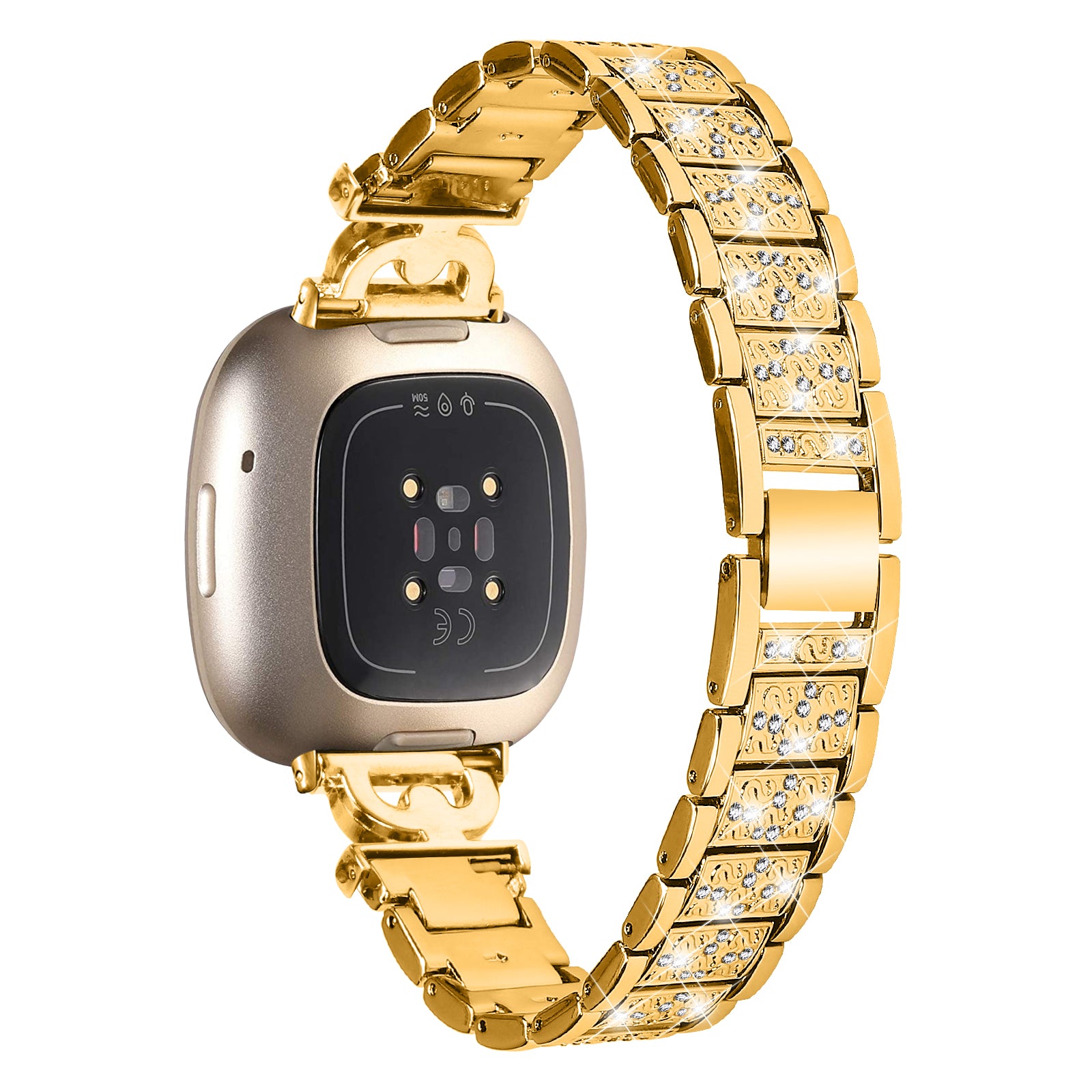 3-Bead Rhinestone Decor Smartwatch Strap for Fitbit Versa 3 Sense Stainless Steel Watch Band Replacement