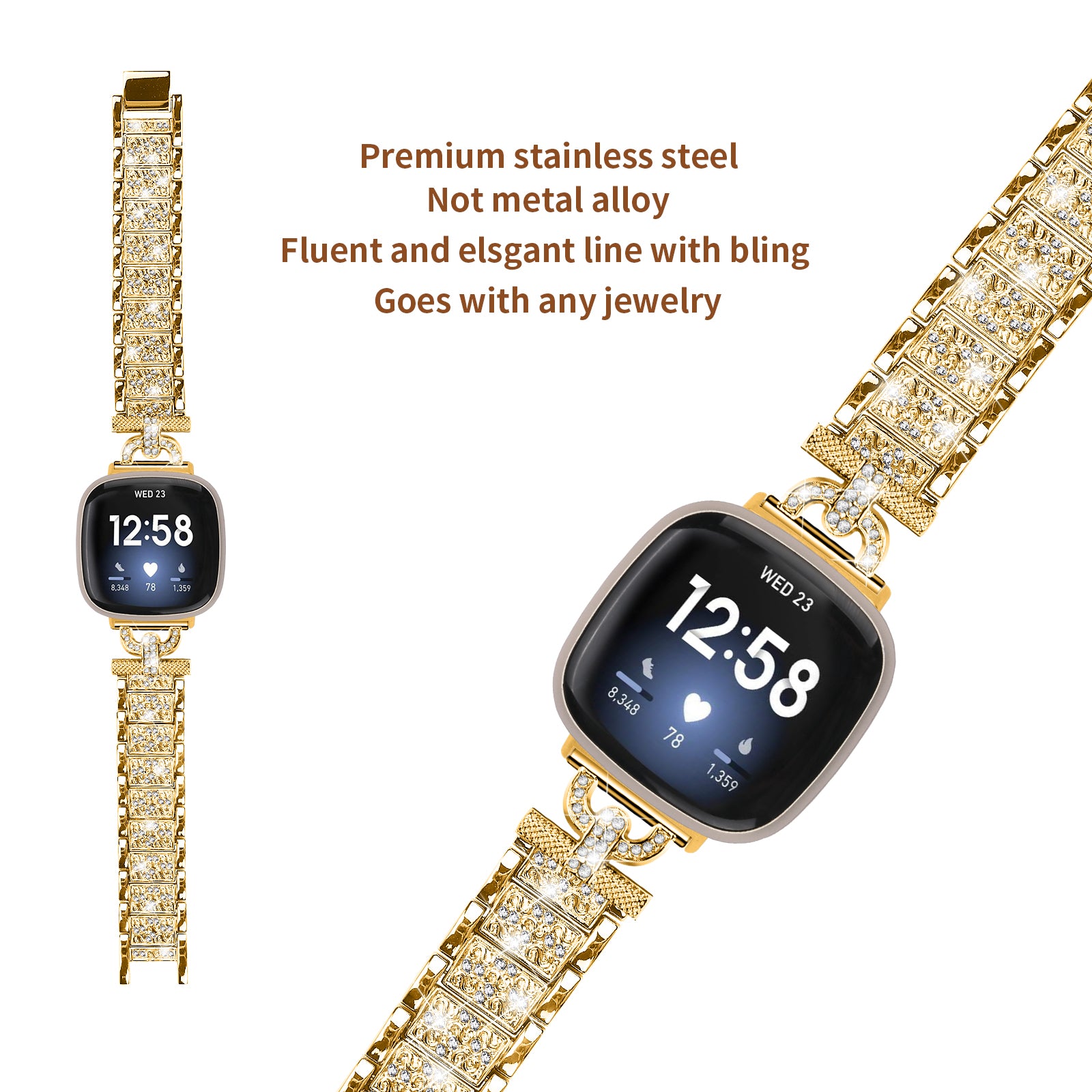 3-Bead Rhinestone Decor Smartwatch Strap for Fitbit Versa 3 Sense Stainless Steel Watch Band Replacement
