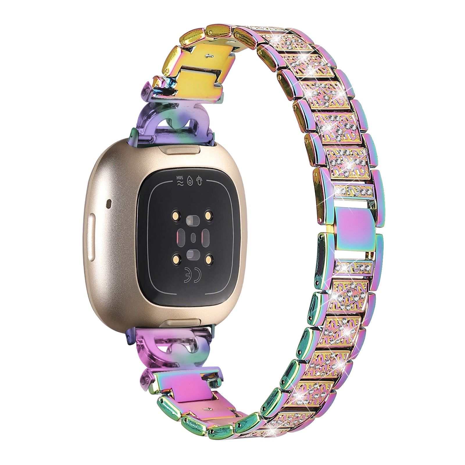 3-Bead Rhinestone Decor Smartwatch Strap for Fitbit Versa 3 Sense Stainless Steel Watch Band Replacement
