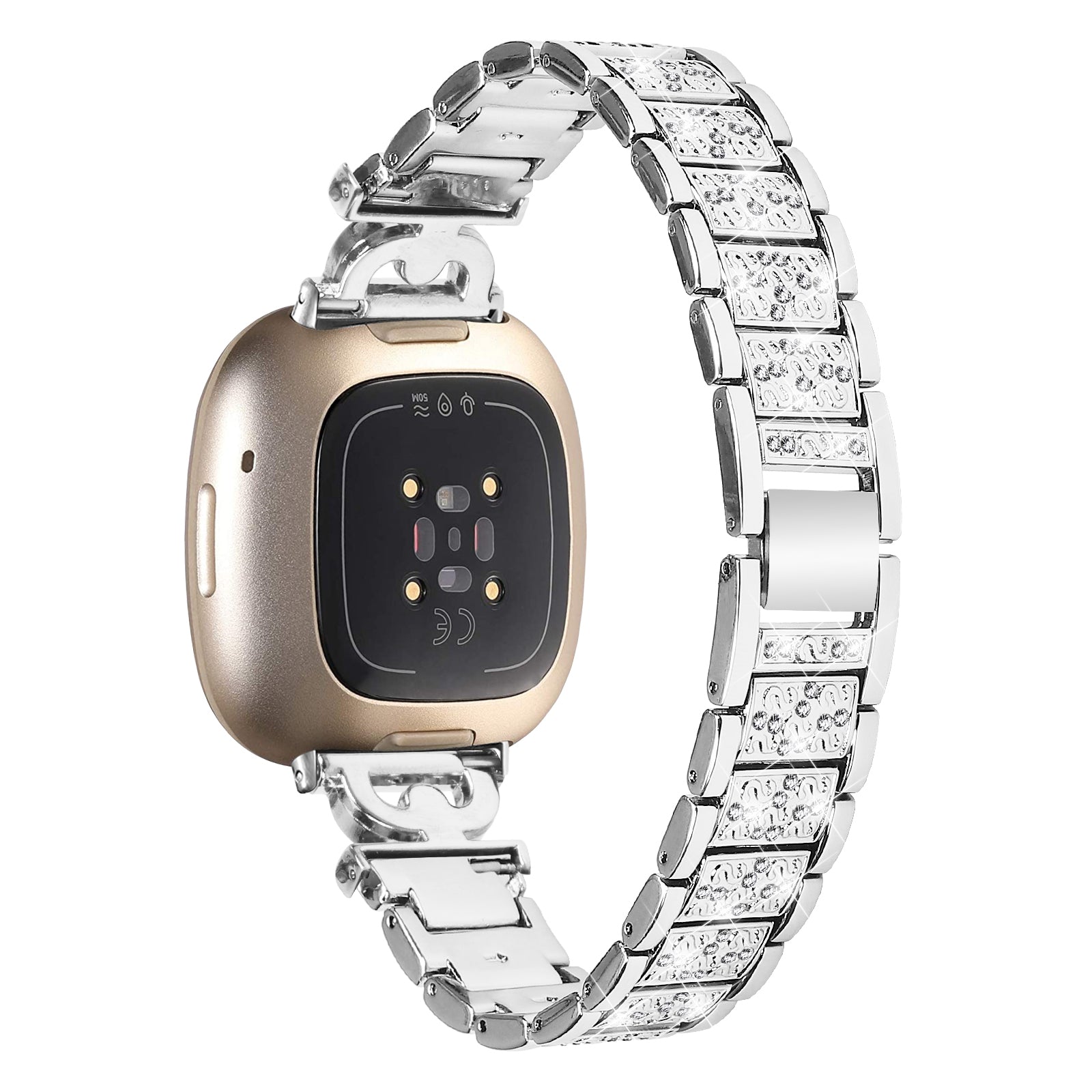 3-Bead Rhinestone Decor Smartwatch Strap for Fitbit Versa 3 Sense Stainless Steel Watch Band Replacement