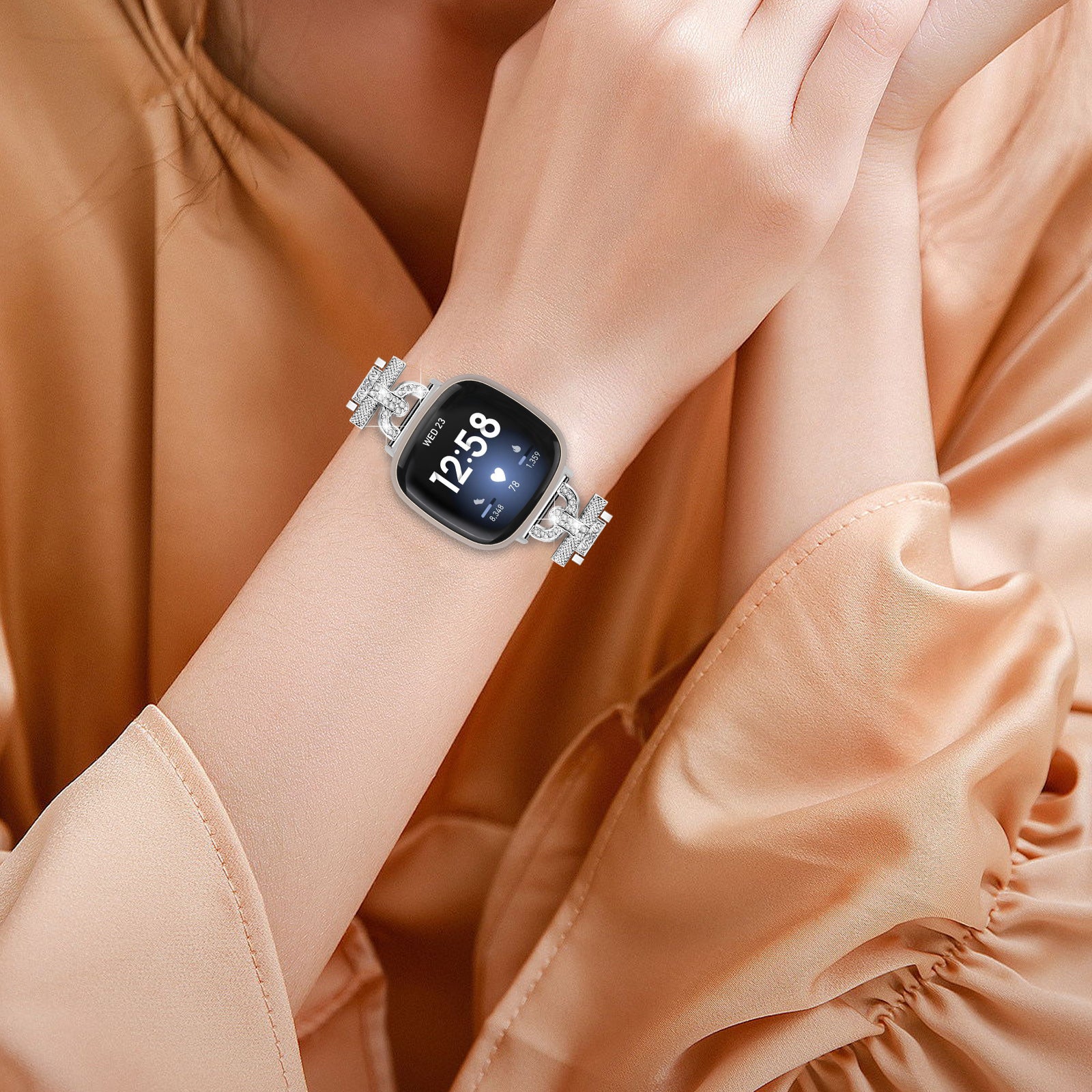3-Bead Rhinestone Decor Smartwatch Strap for Fitbit Versa 3 Sense Stainless Steel Watch Band Replacement