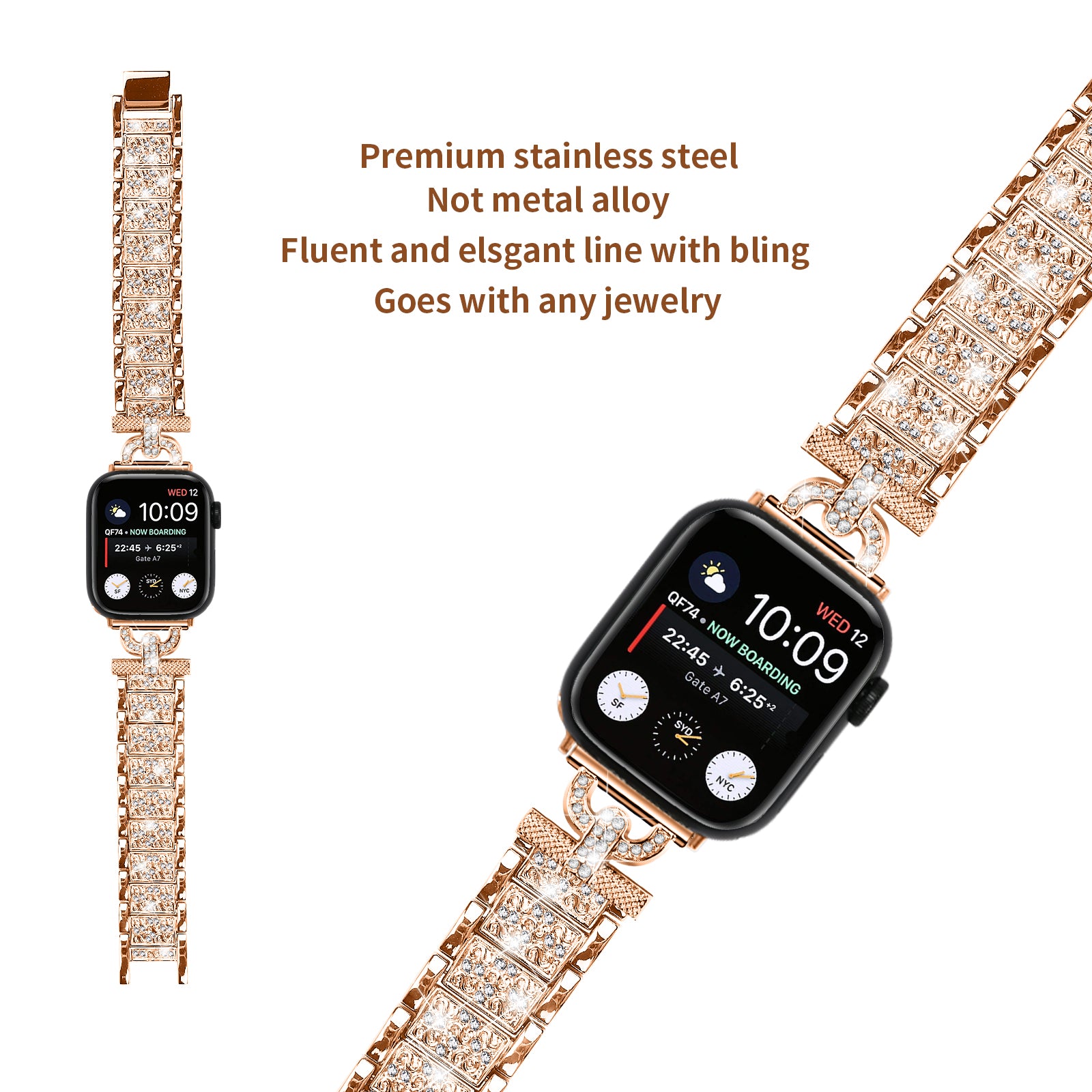 Watch Band for Apple Watch Series 9 8 7 41mm 6 5 4 SE SE (2022) SE (2023) 40mm Series 3 2 1 38mm Stainless Steel Rhinestone Decor Watch Strap
