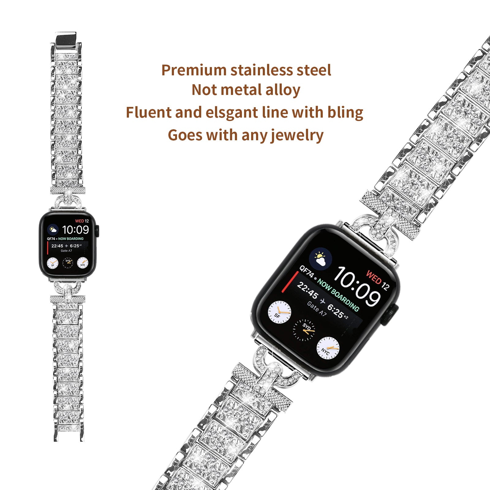 Watch Band for Apple Watch Ultra 2 49mm Series 9 45mm SE (2023) 44mm Ultra 49mm 8 7 45mm 6 5 4 SE (2022) SE 44mm 3 2 1 42mm 3-Bead Rhinestone Decor Stainless Steel Strap
