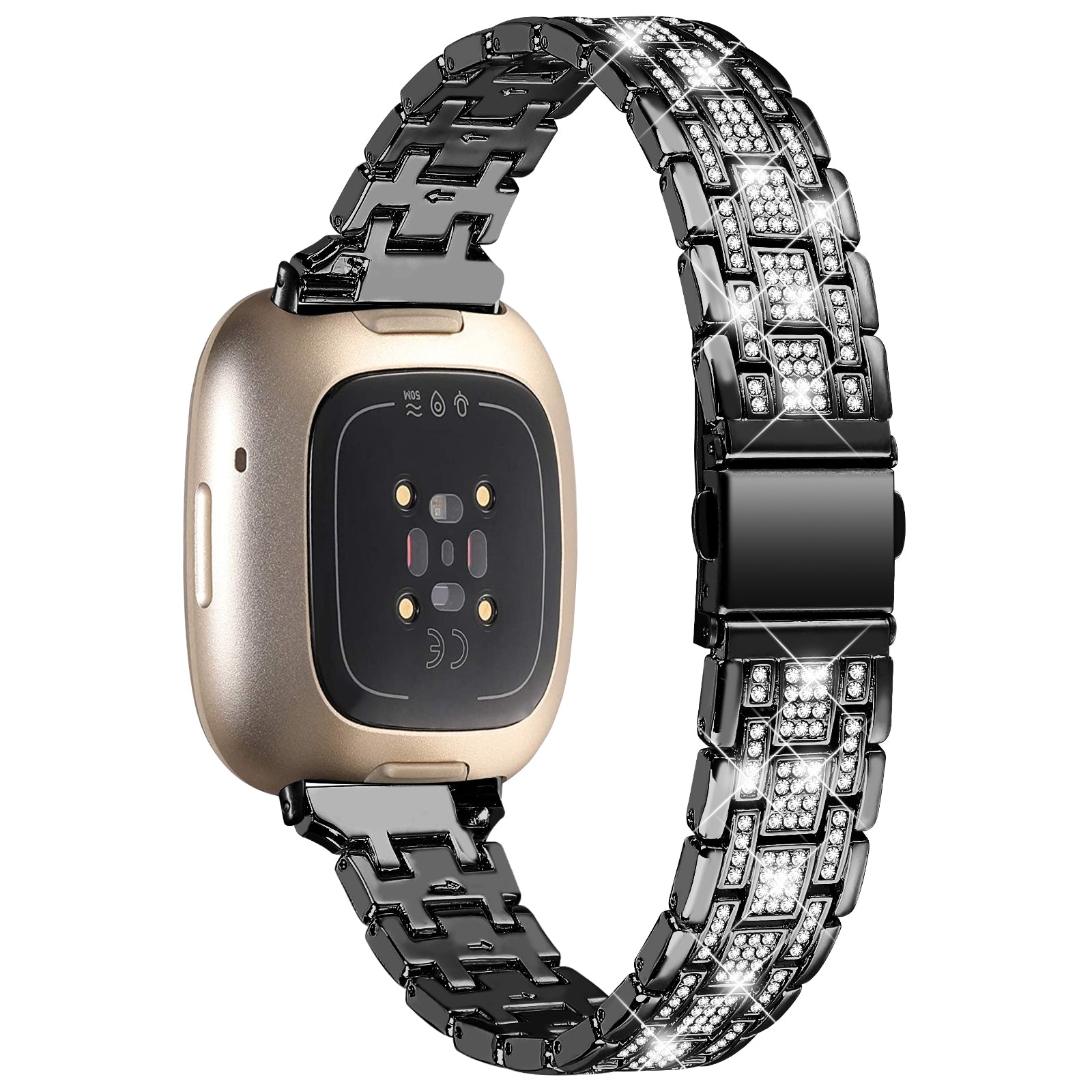 For Fitbit Versa 4 Sense 2 Rhinestones Decor Metal Watch Band 5 Beads Dual Press Buckle Dressy Replacement Bracelet