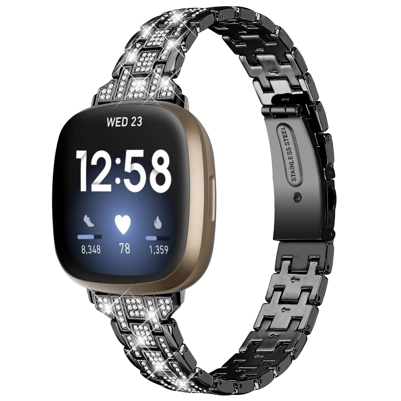 For Fitbit Versa 4 Sense 2 Rhinestones Decor Metal Watch Band 5 Beads Dual Press Buckle Dressy Replacement Bracelet
