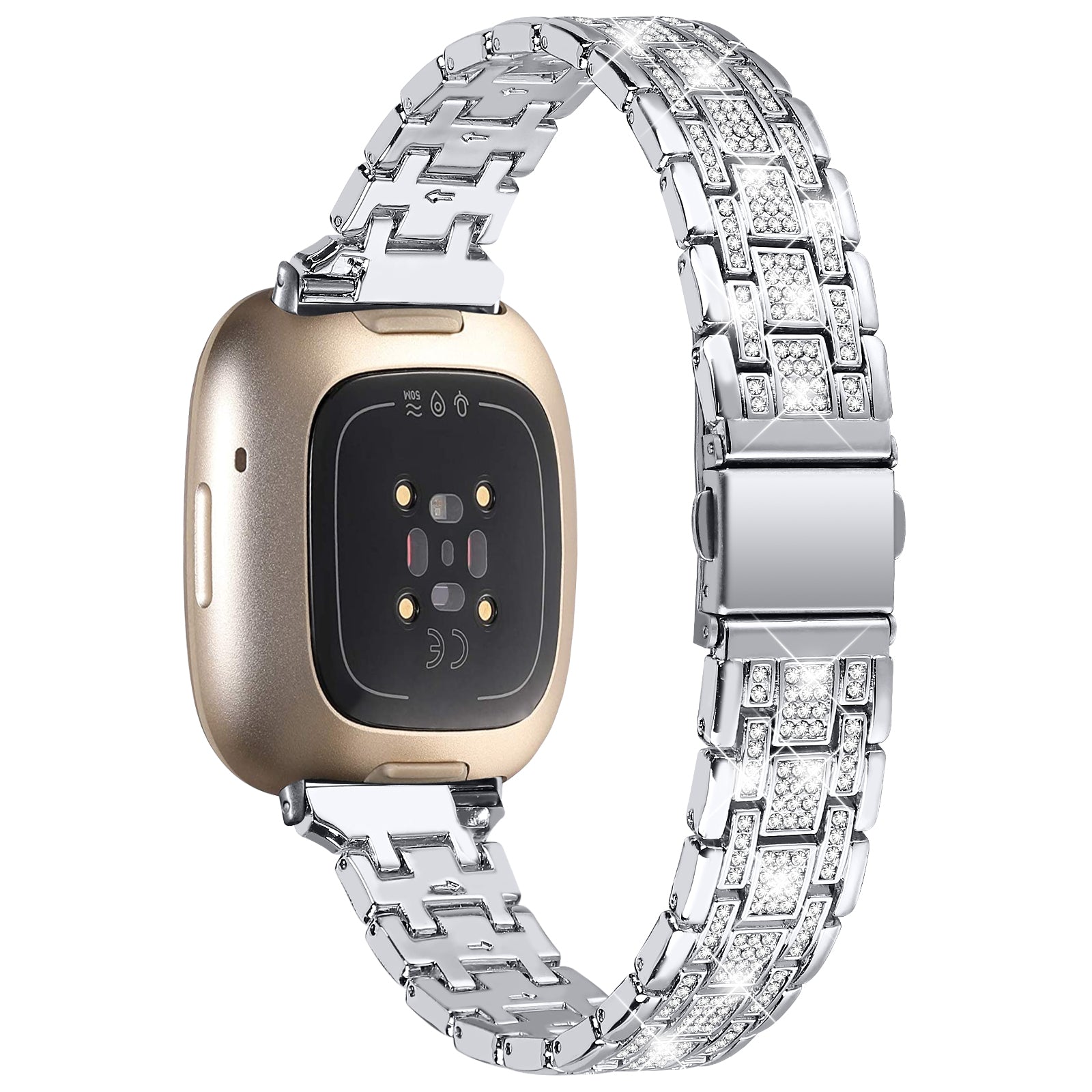 For Fitbit Versa 4 Sense 2 Rhinestones Decor Metal Watch Band 5 Beads Dual Press Buckle Dressy Replacement Bracelet
