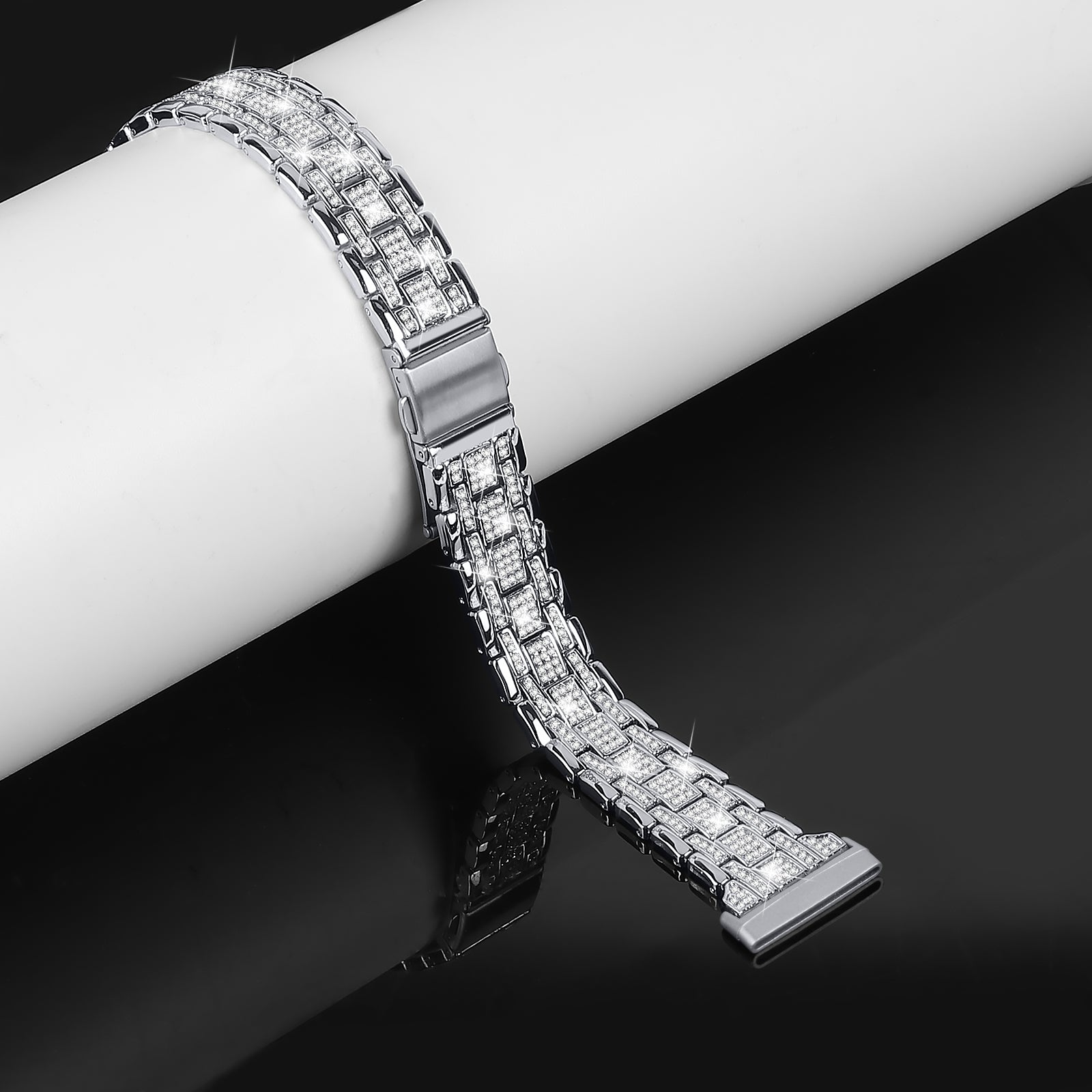 For Fitbit Versa 4 Sense 2 Rhinestones Decor Metal Watch Band 5 Beads Dual Press Buckle Dressy Replacement Bracelet