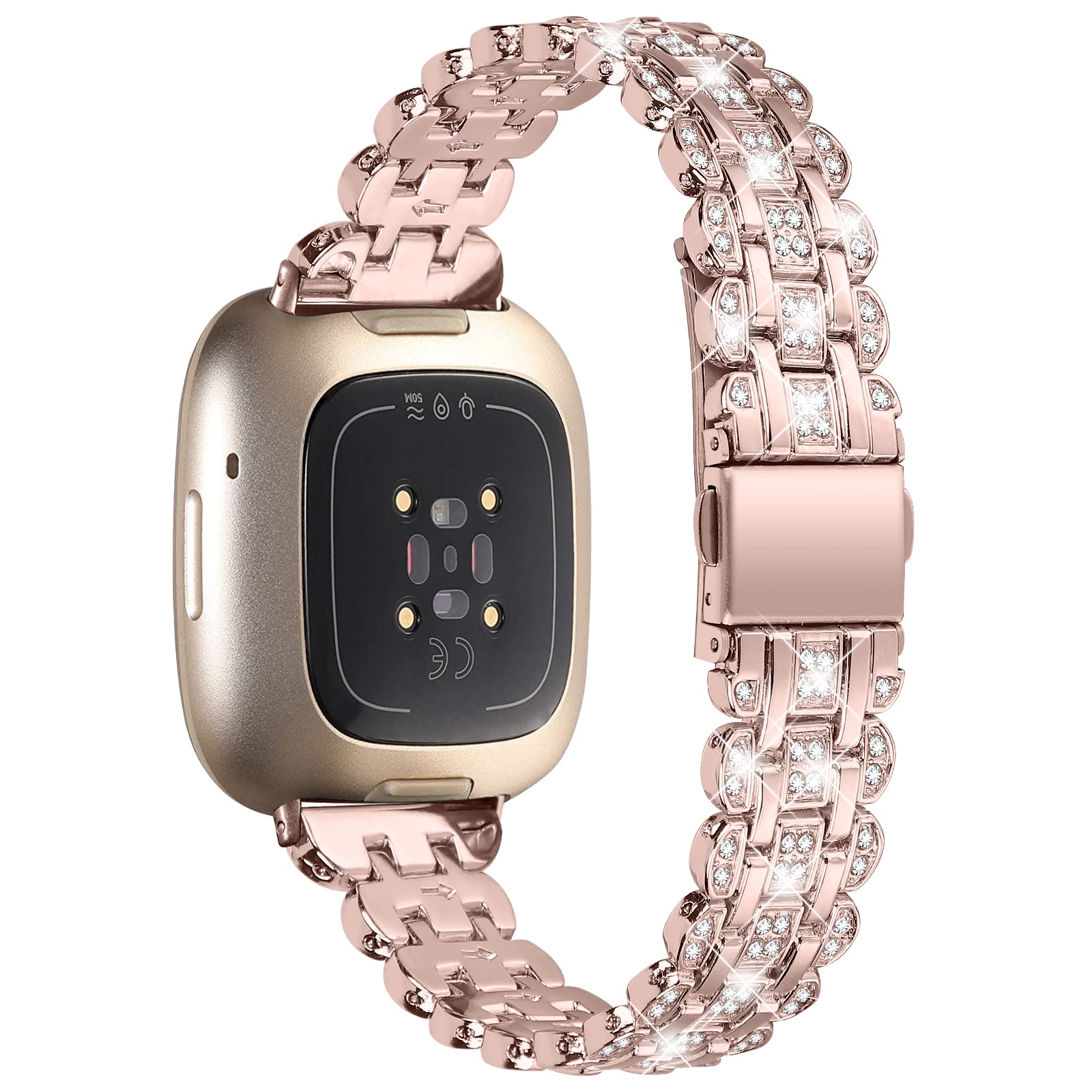 For Fitbit Versa 4 Sense 2 Metal Wristband Rhinestone Decor Shiny Replacement Bracelet
