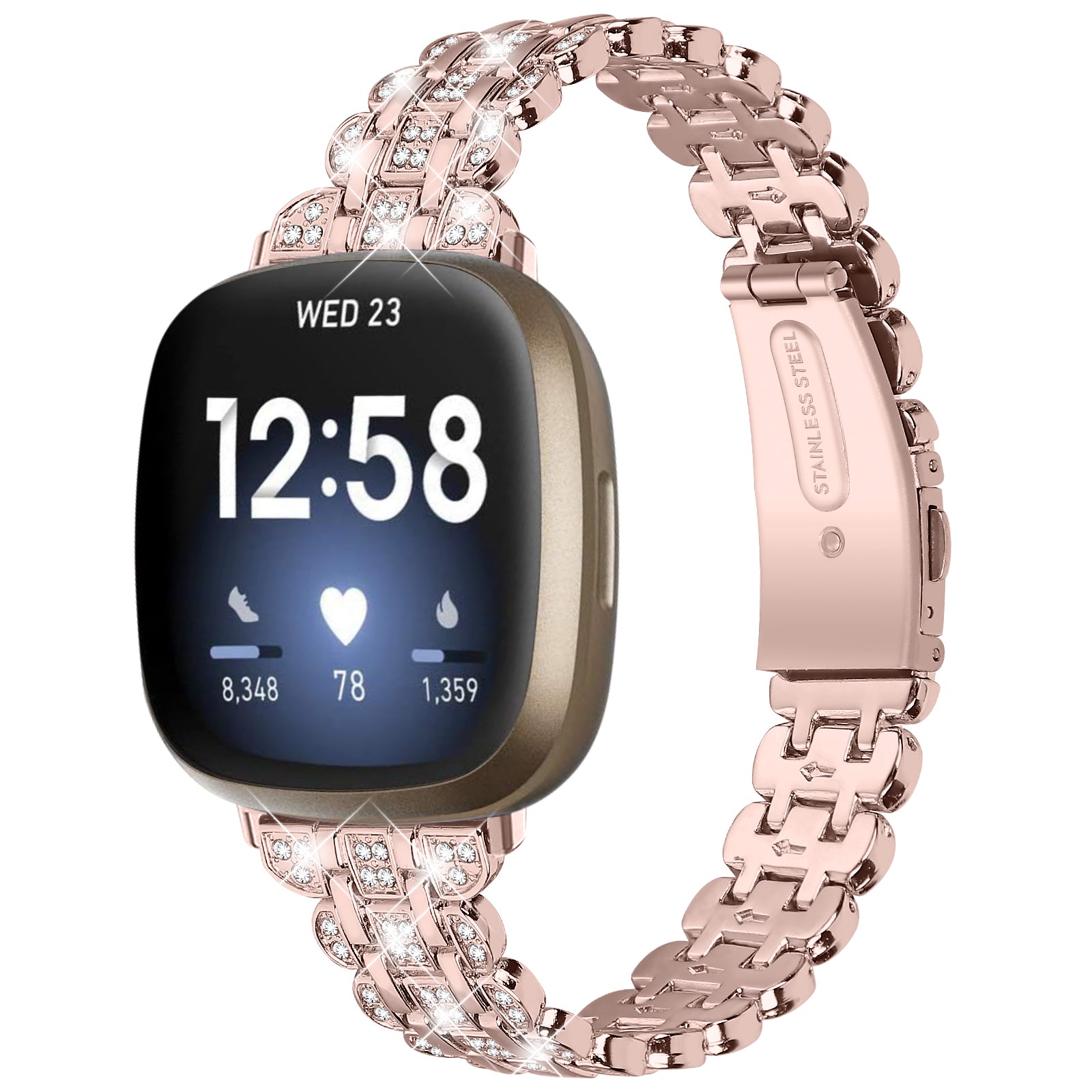 For Fitbit Versa 4 Sense 2 Metal Wristband Rhinestone Decor Shiny Replacement Bracelet