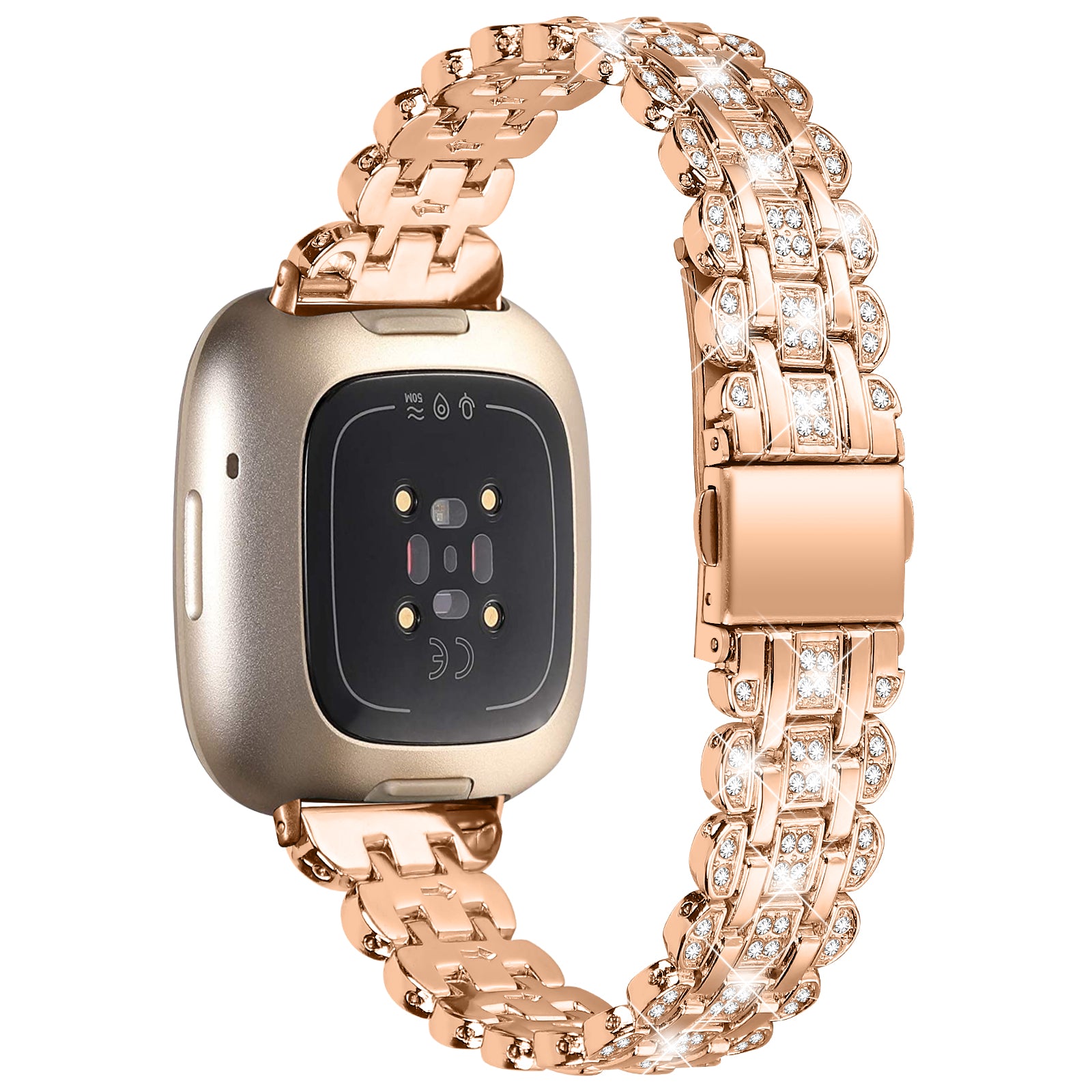 For Fitbit Versa 4 Sense 2 Metal Wristband Rhinestone Decor Shiny Replacement Bracelet