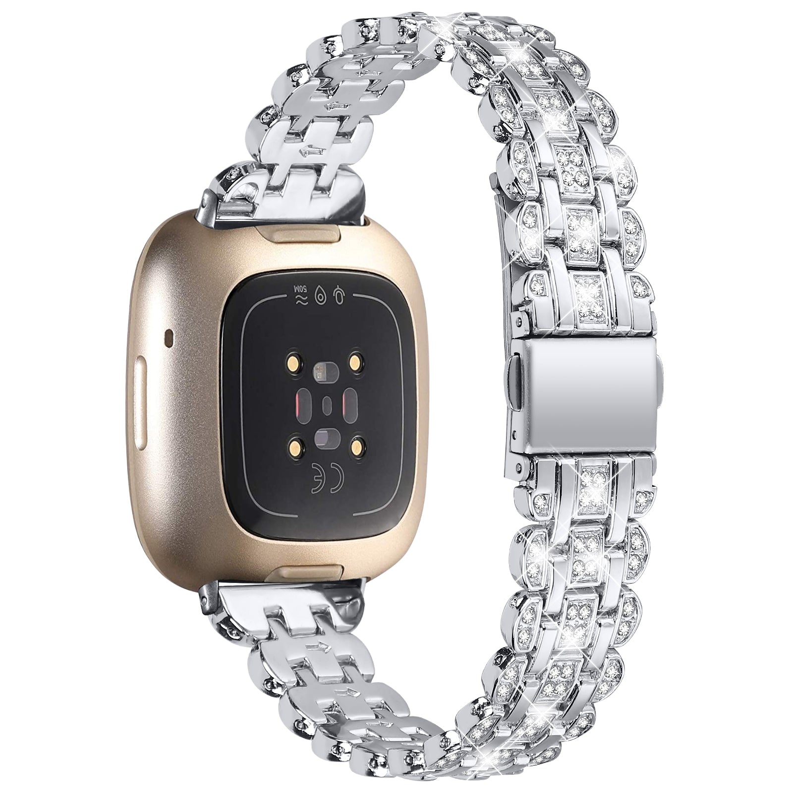 For Fitbit Versa 4 Sense 2 Metal Wristband Rhinestone Decor Shiny Replacement Bracelet