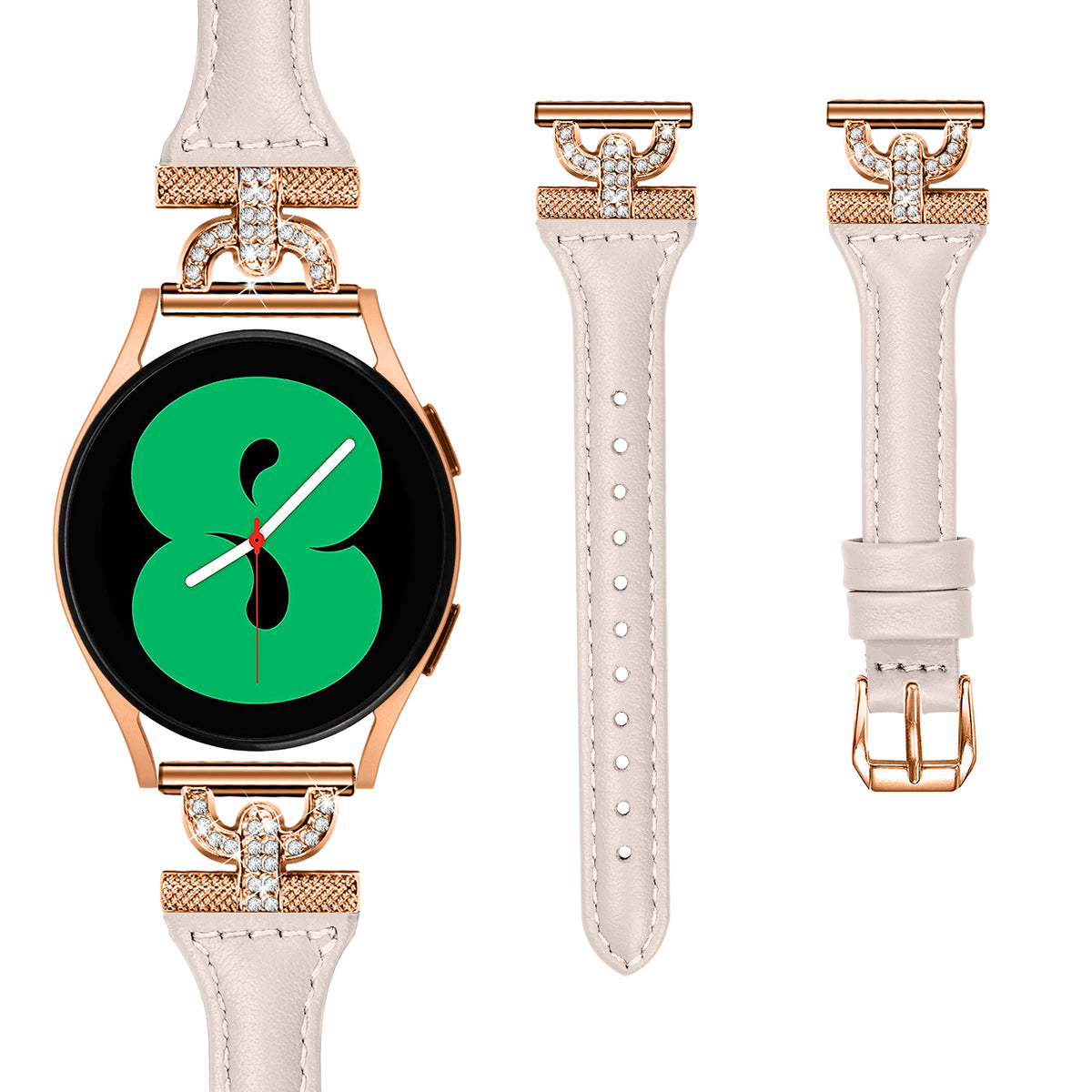 Watch Band for Samsung Galaxy Watch6 40mm 44mm Watch6 Classic 43mm 47mm Watch 5 40mm 44mm Watch4 40mm 44mm Rhinestone Decor 20mm Genuine Cow Leather Strap with Rose Gold Buckle