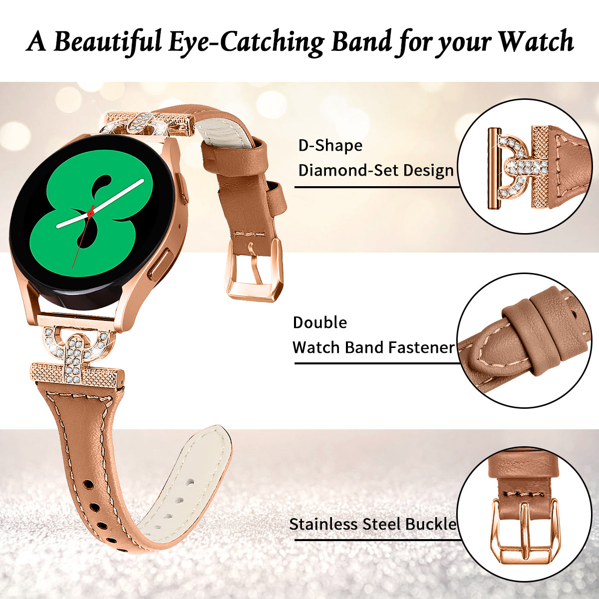 Watch Band for Samsung Galaxy Watch6 40mm 44mm Watch6 Classic 43mm 47mm Watch 5 40mm 44mm Watch4 40mm 44mm Rhinestone Decor 20mm Genuine Cow Leather Strap with Rose Gold Buckle