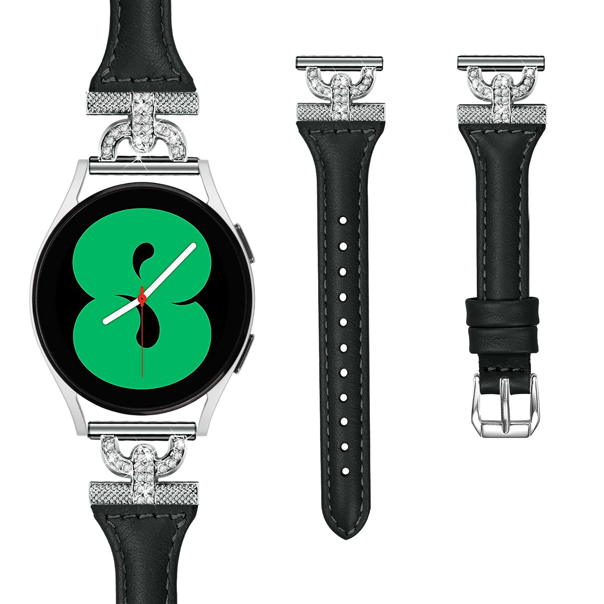 Watch Band for Samsung Galaxy Watch Active 1 2 3 40mm 44mm 20mm Genuine Cow Leather Rhinestone Decor Strap with Silver Buckle